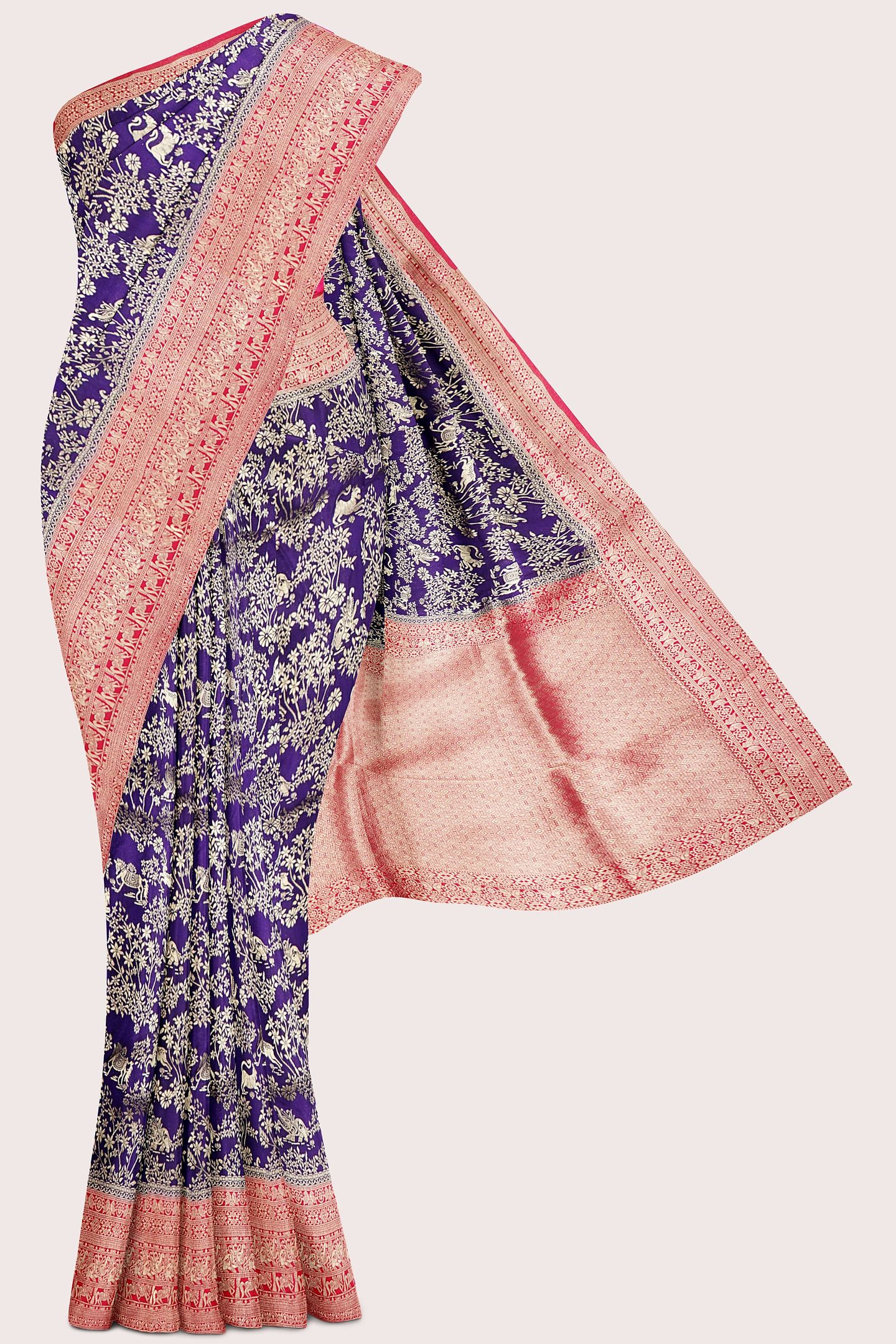Banaras Georgette Allover Design Dark Purple With Pink Saree