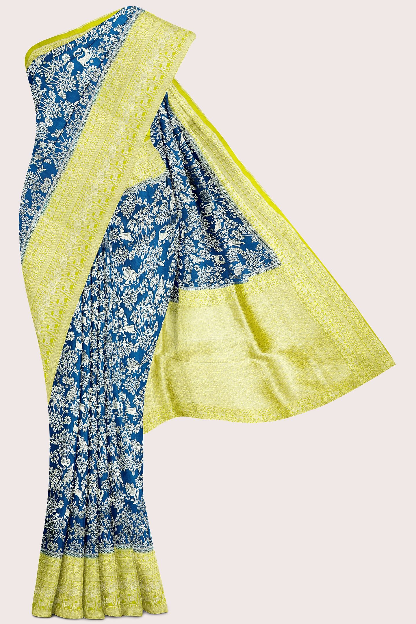 Banaras Georgette Allover Design Peacock Blue With Pesara Green Saree