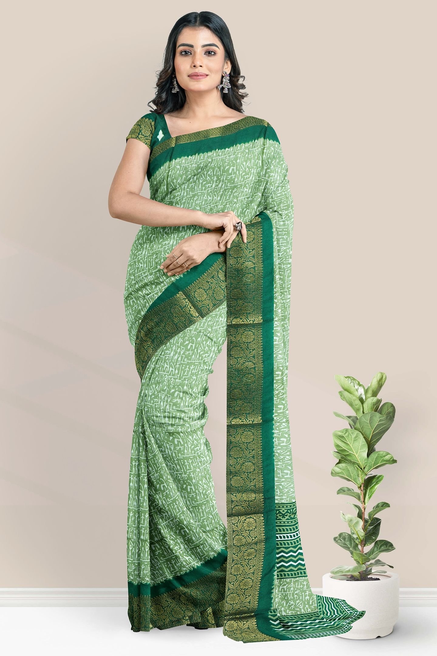 Mulmul Crushed Silk Tribal Print Light And Dark Green Saree