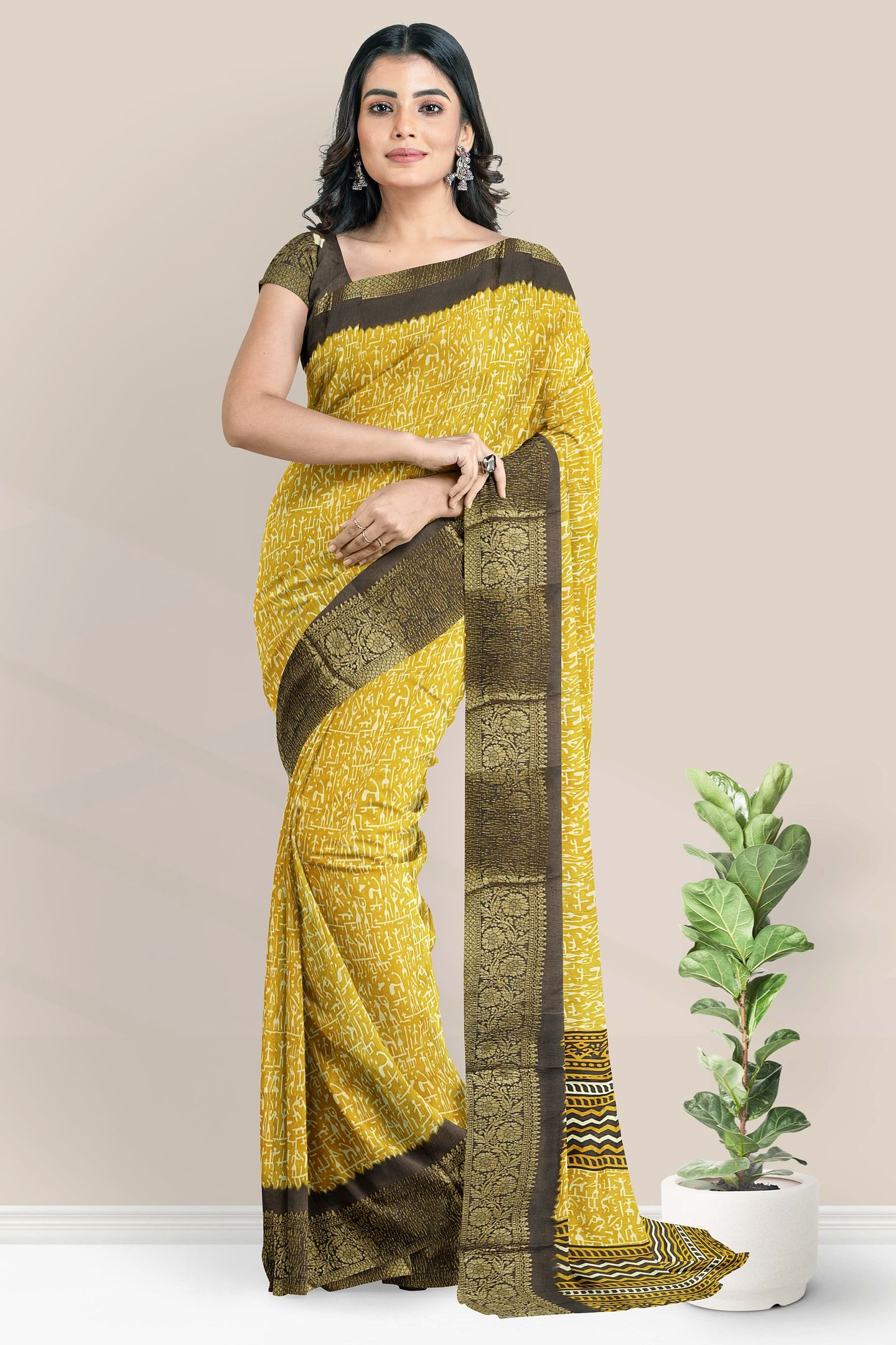 Mulmul Crushed Silk Tribal Print Mustard Yellow With Chocolate Saree
