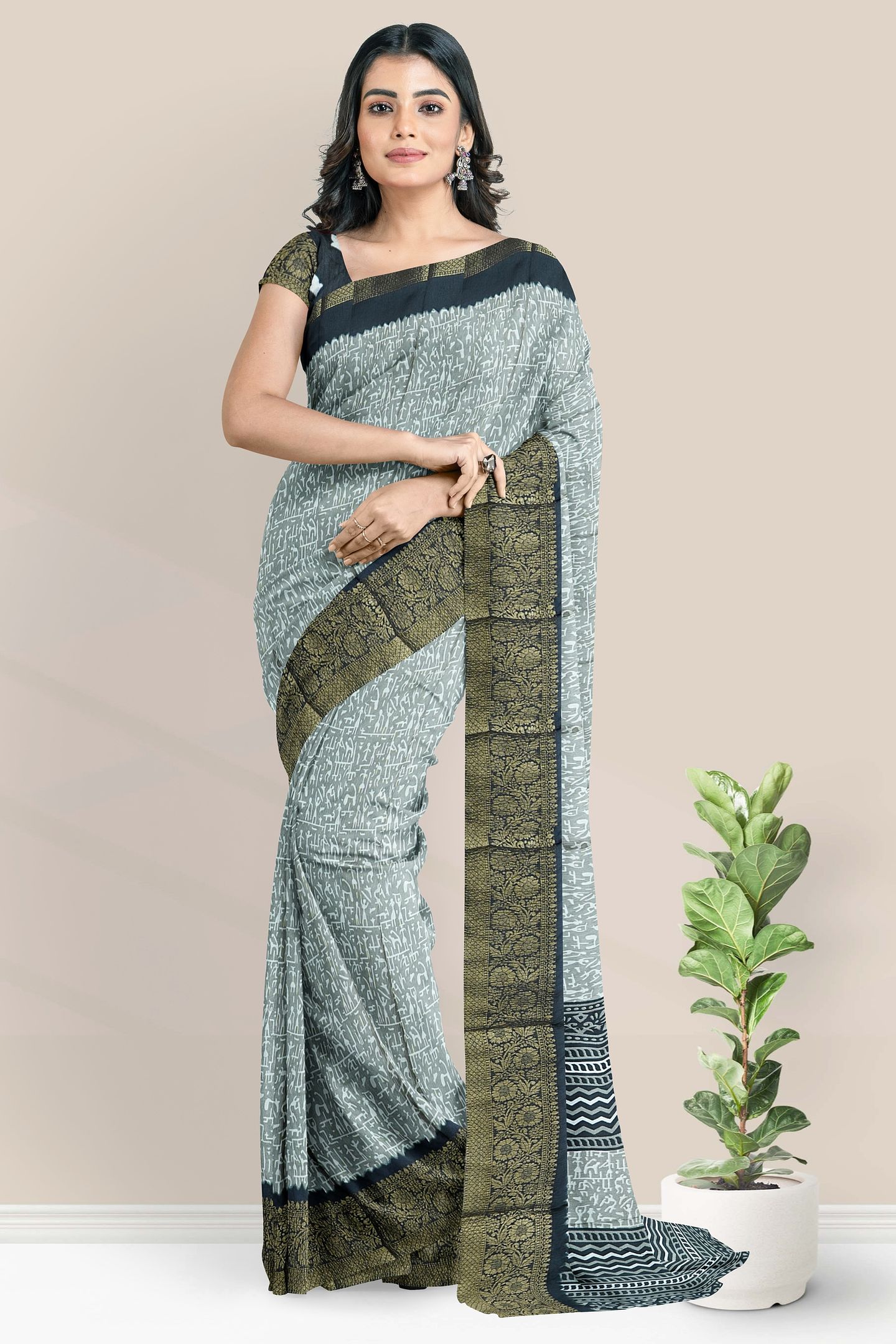 Mulmul Crushed Silk Tribal Print Ash With Black Saree