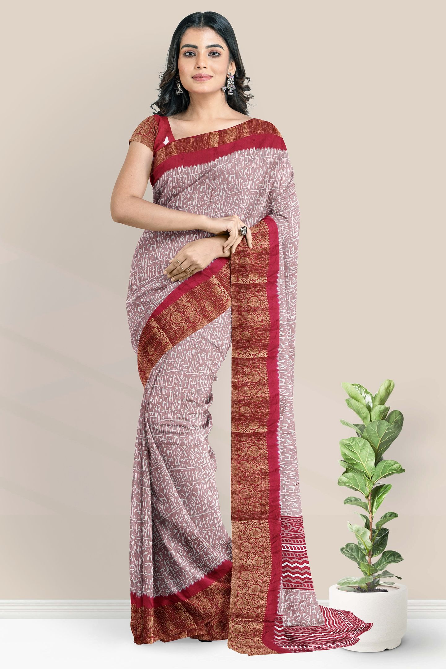 Mulmul Crushed Silk Tribal Print Onion Pink With Dark Pink Saree