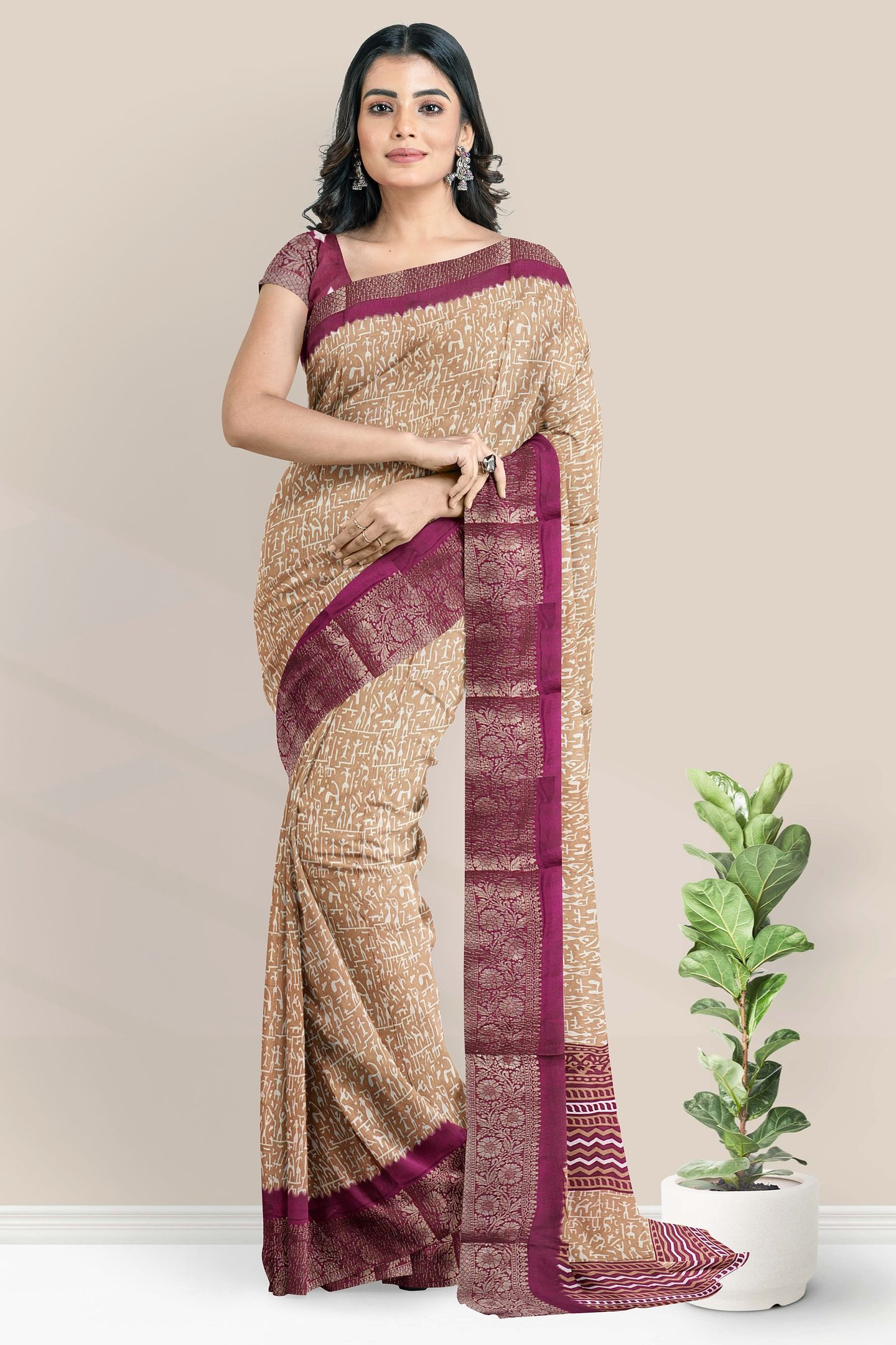 Mulmul Crushed Silk Tribal Print Light Maron With Magenta Pink Saree