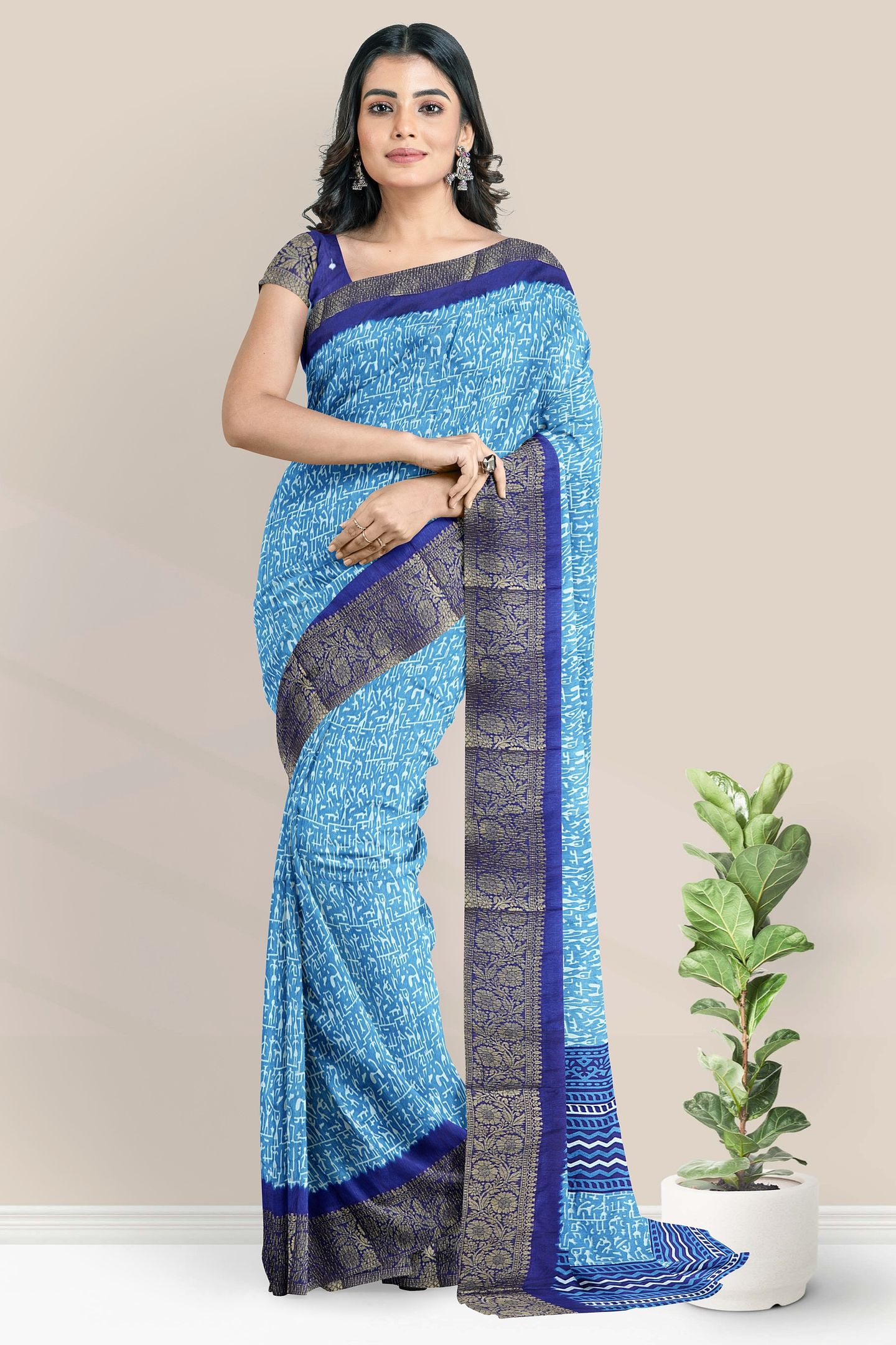 Mulmul Crushed Silk Tribal Print Light Blue With Navy Blue Saree