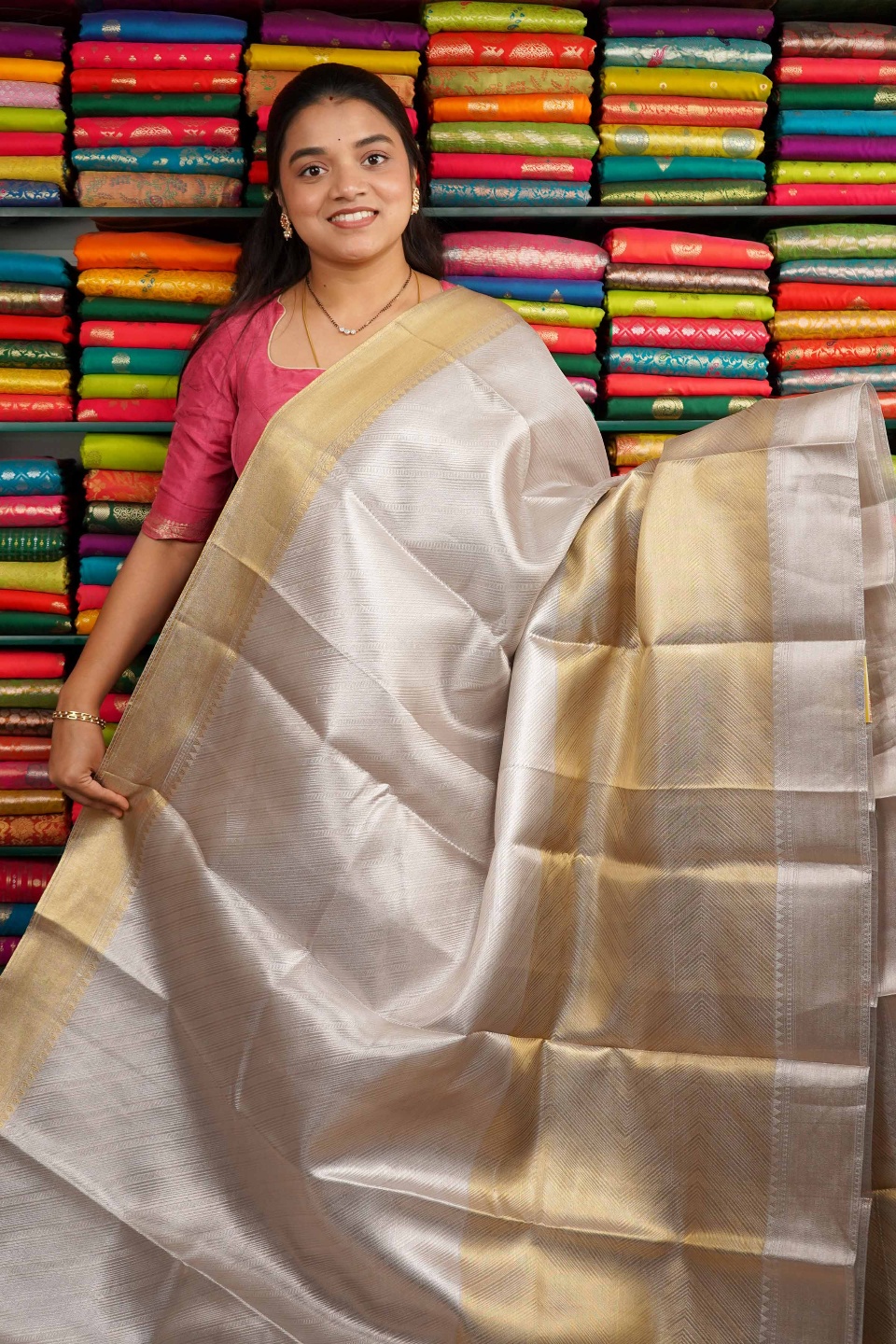 Tissue Silk Brocade Desing Silver And Gold Mix Saree
