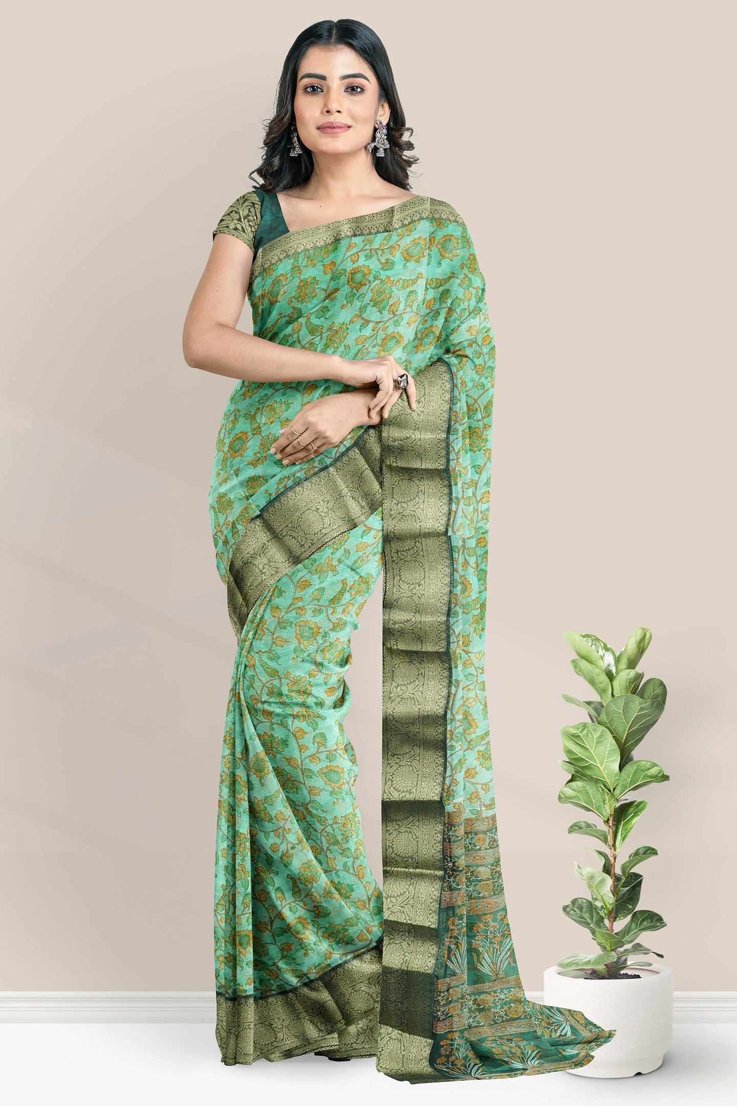 Soft Kora Silk Kalamkari Print Light Green With Dark Green Saree