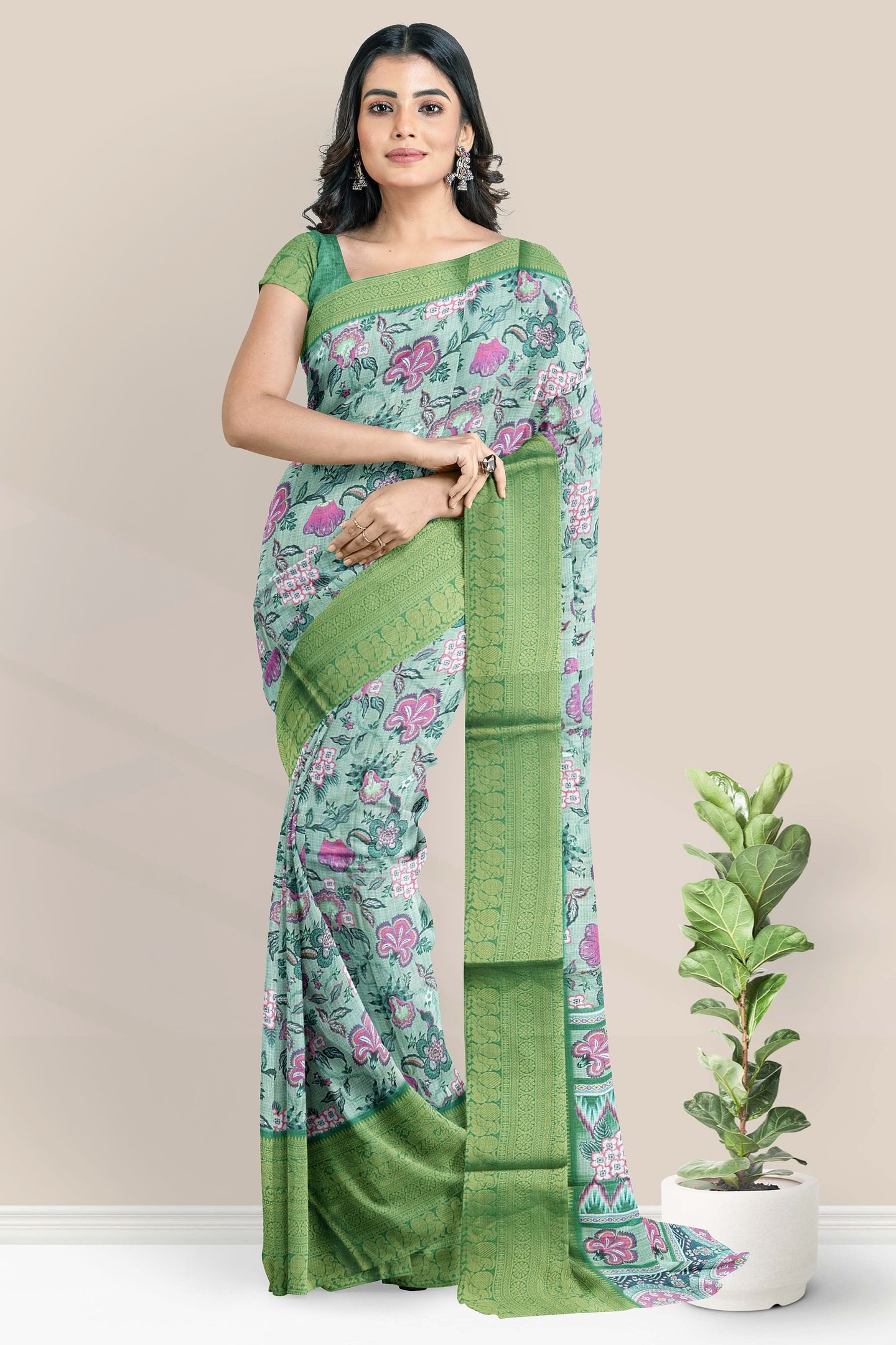 Silk Kota Kanchi Broder Digital Print Light And Dark Green Saree