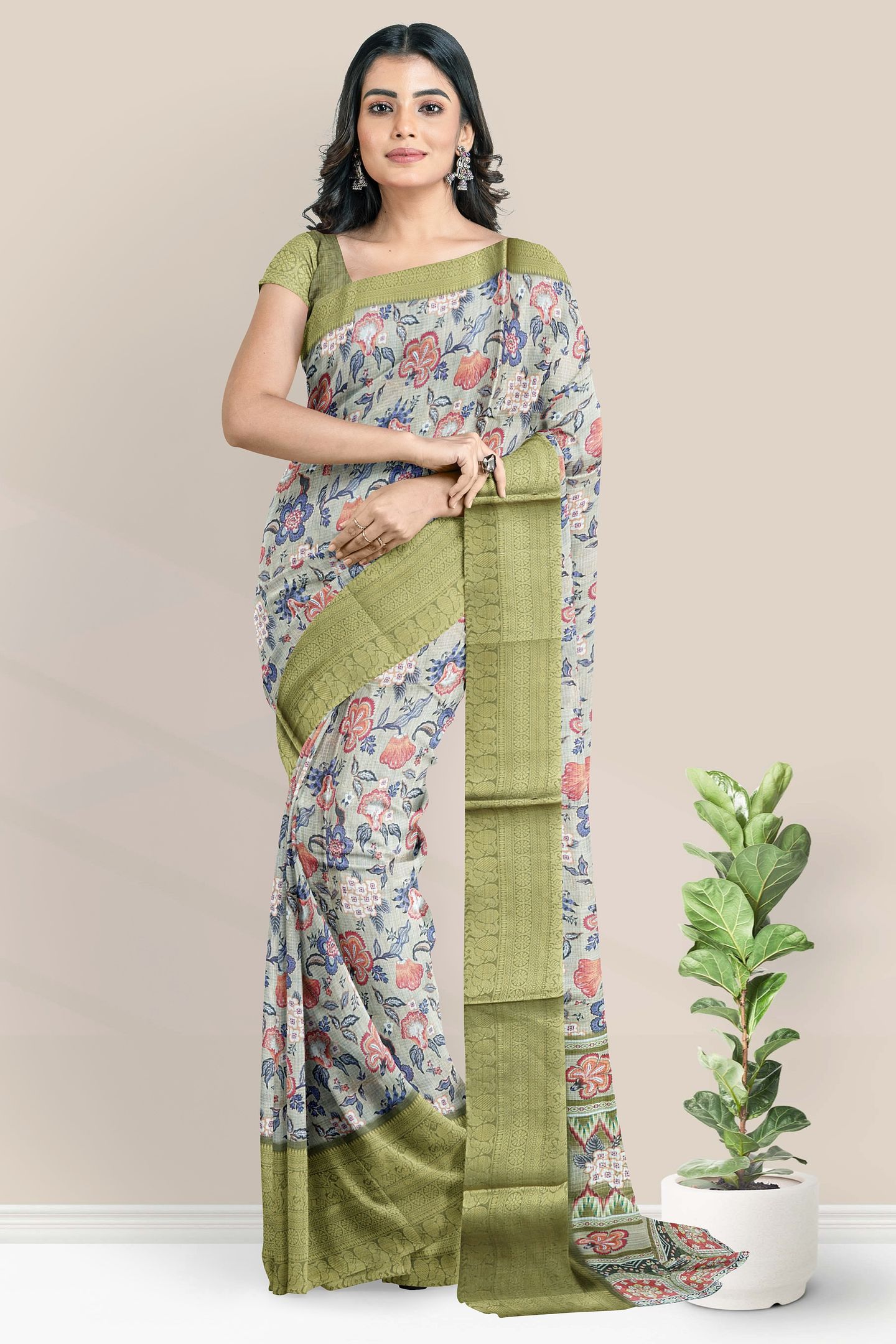 Silk Kota Kanchi Broder Digital Print Light And Dark Mehandi Green Saree
