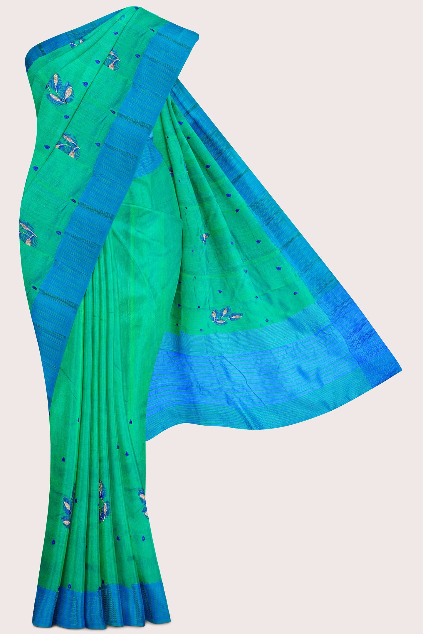 Jute Silk Threading Embroidery Work Green With Blue Saree