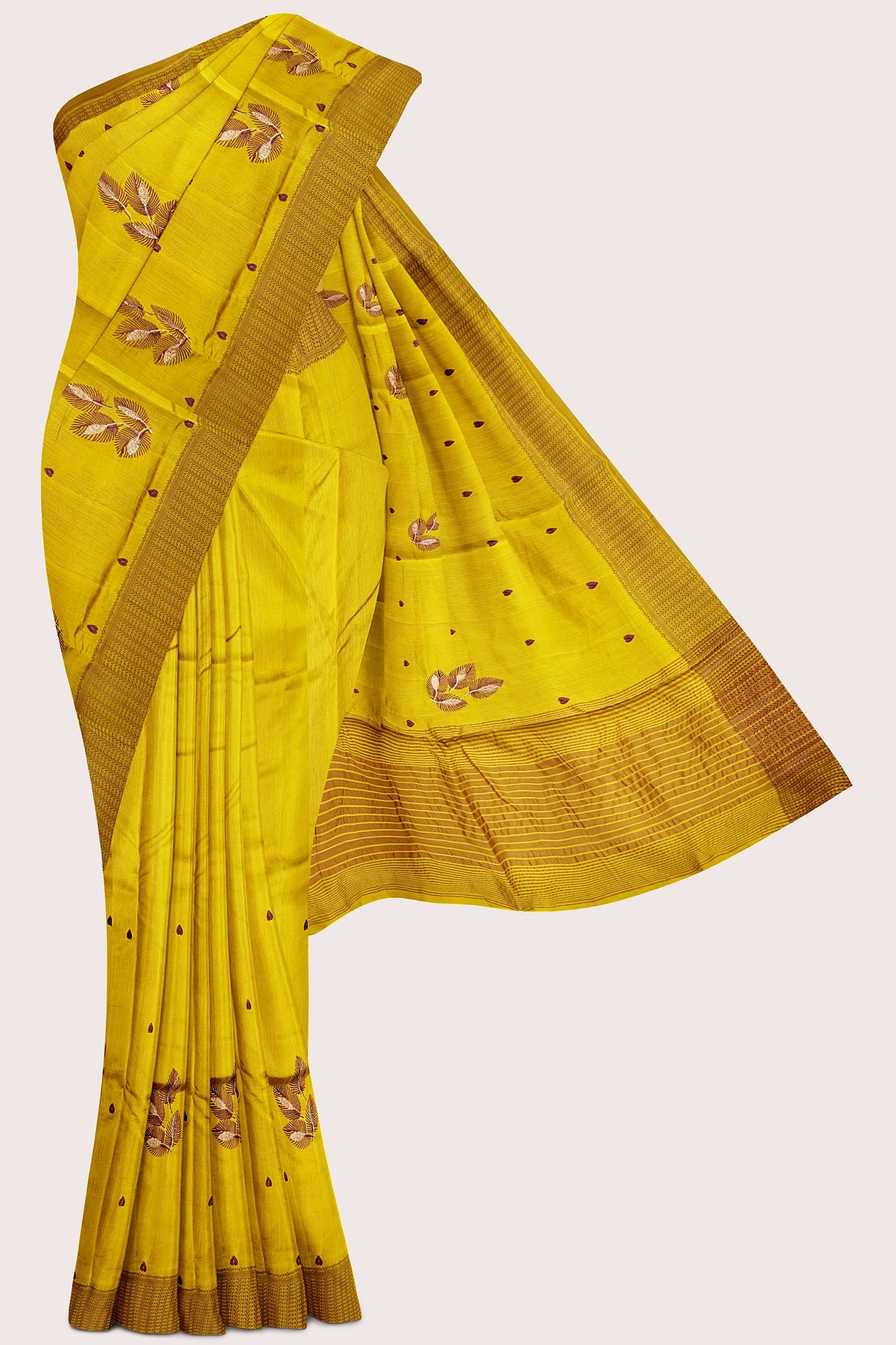 Jute Silk Threading Embroidery Work Mustard Yellow Saree