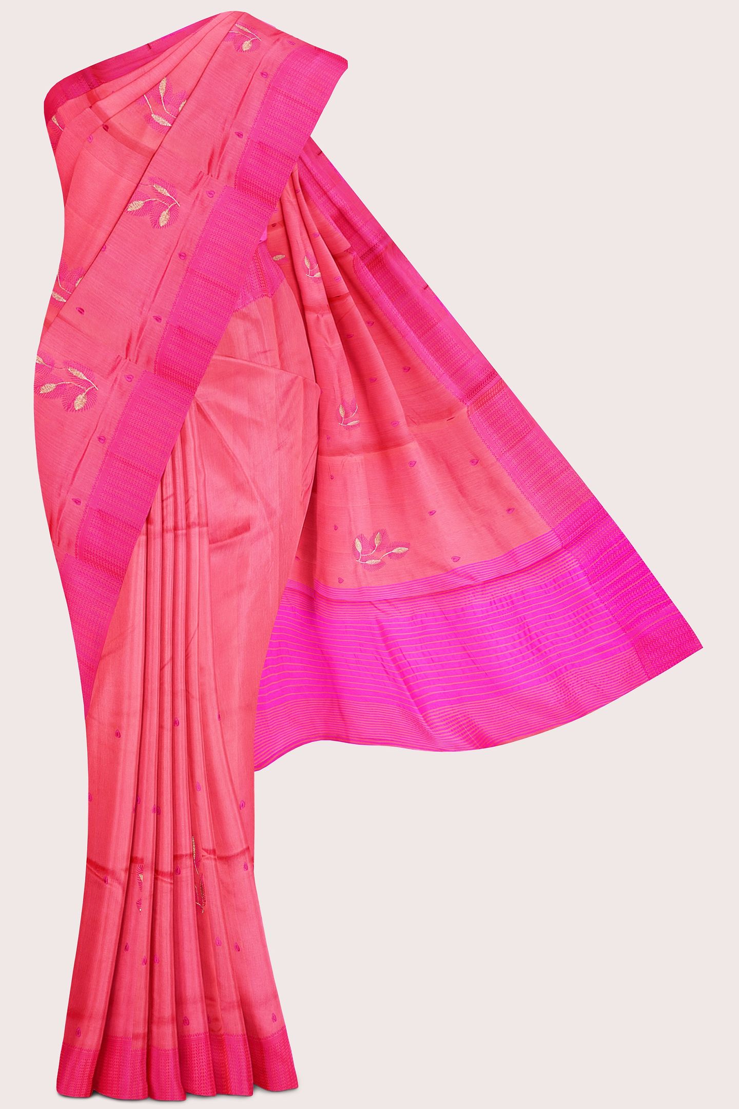 Jute Silk Threading Embroidery Work Pink Saree