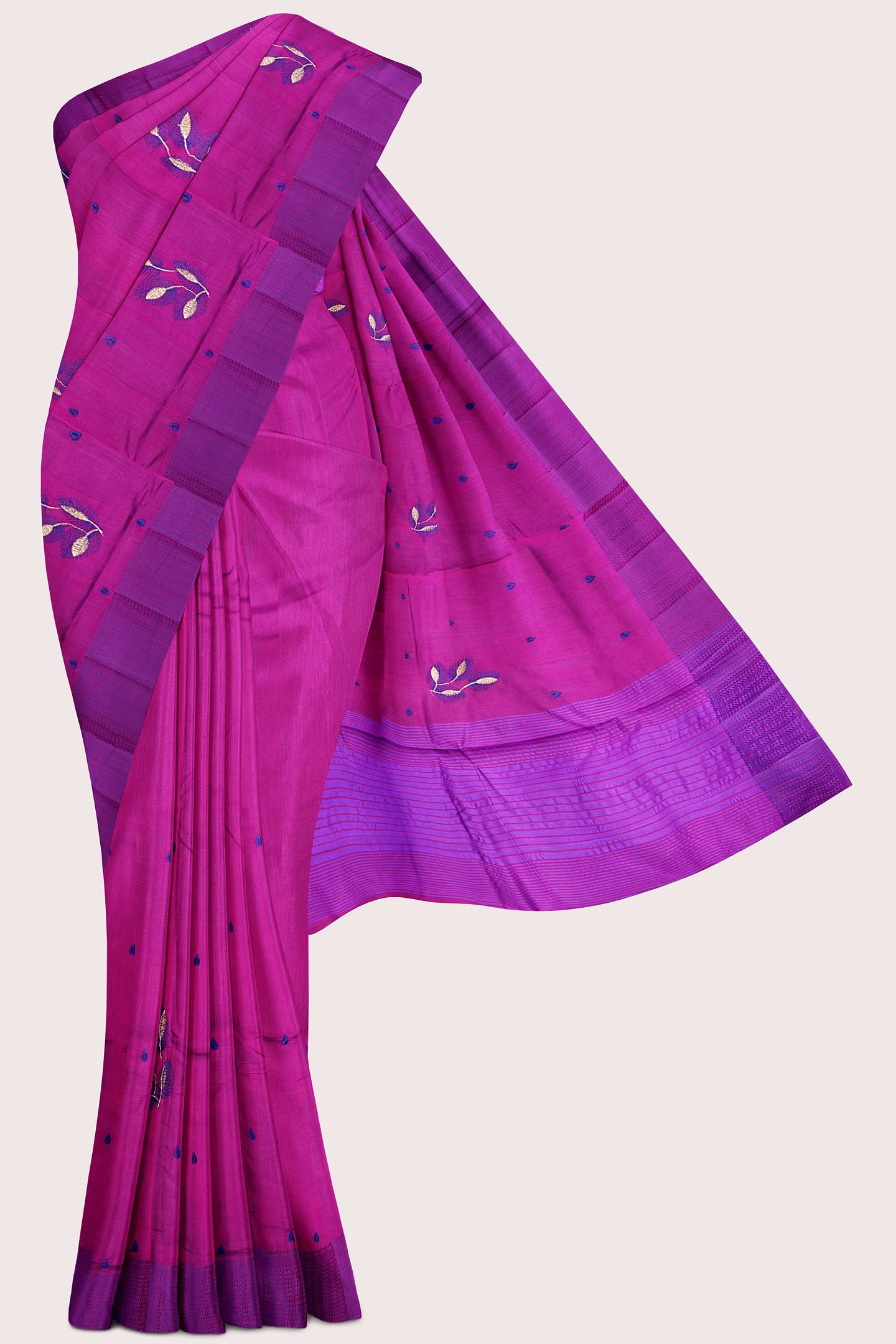 Jute Silk Threading Embroidery Work Dark Magenta Pink Saree
