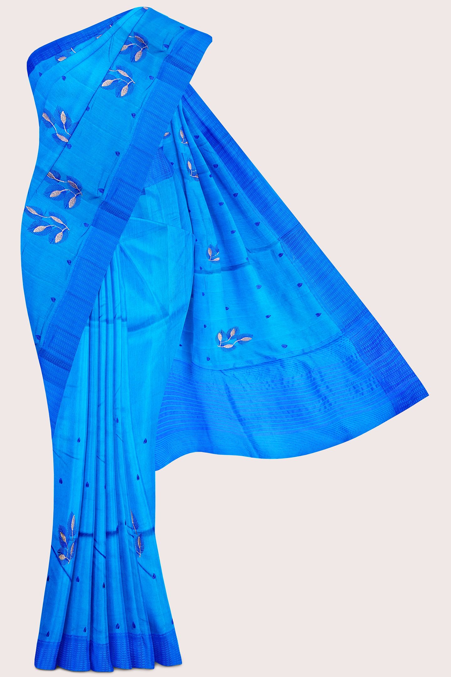 Jute Silk Threading Embroidery Work Coppersulphate Blue Saree