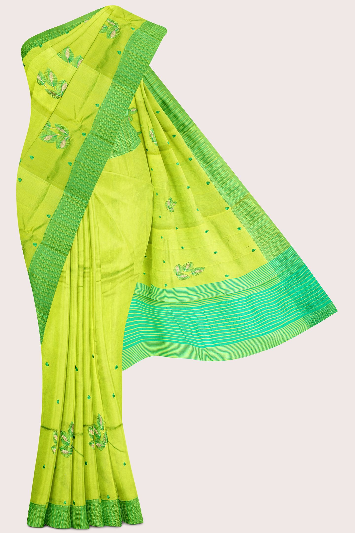 Jute Silk Threading Embroidery Work Parrot Green Saree
