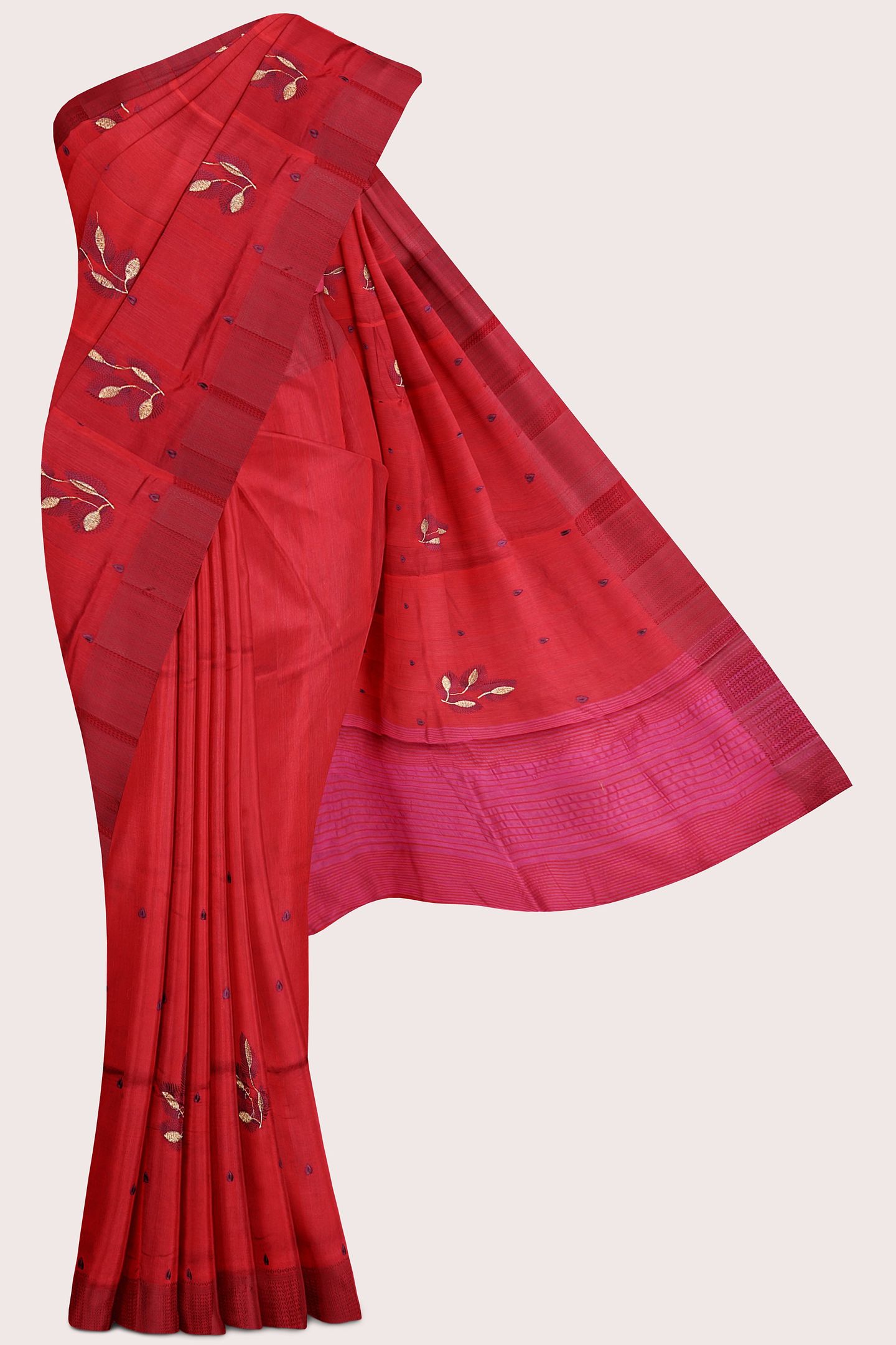 Jute Silk Threading Embroidery Work Bright Maroon Red Saree