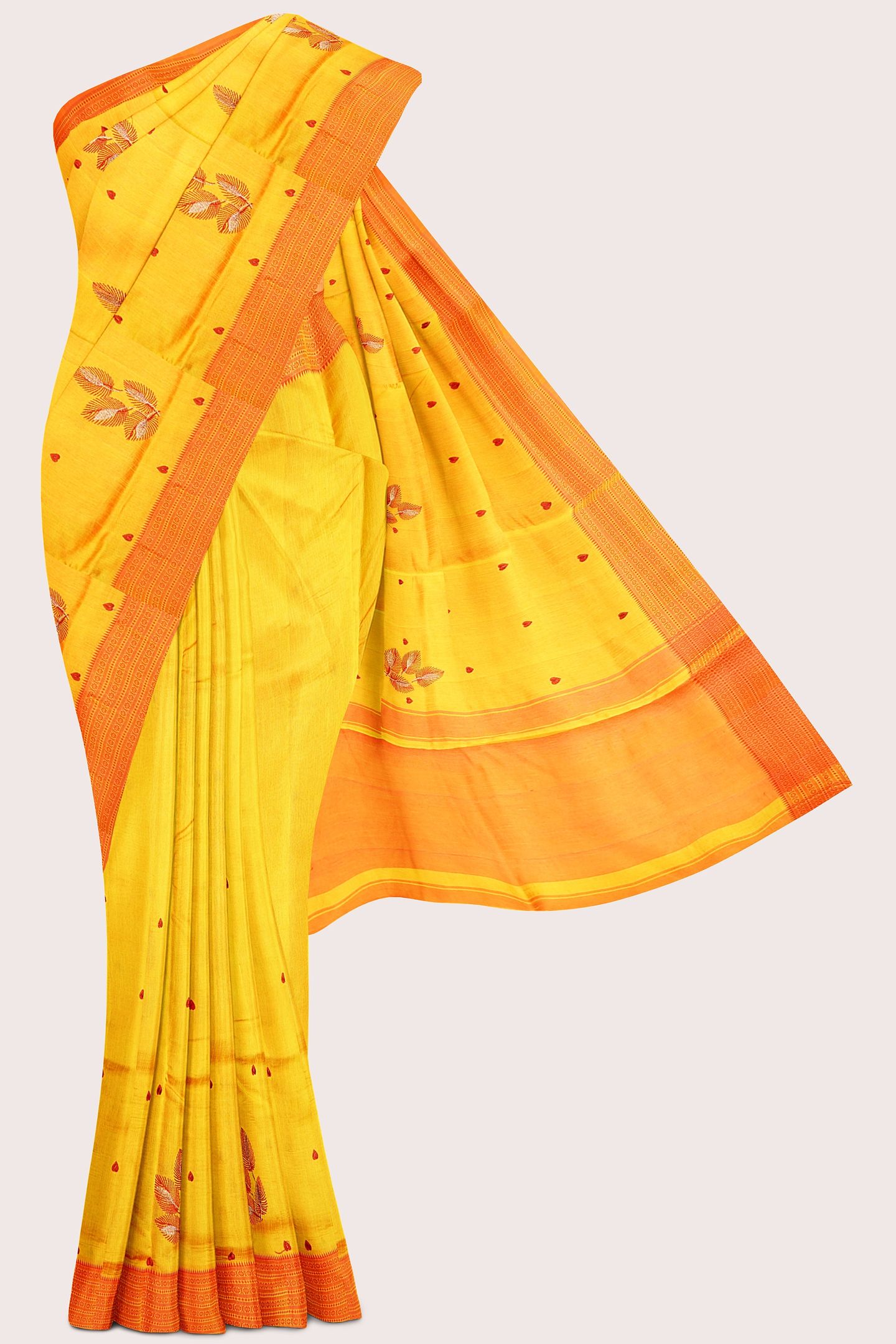 Jute Silk Threading Embroidery Work Orange Saree