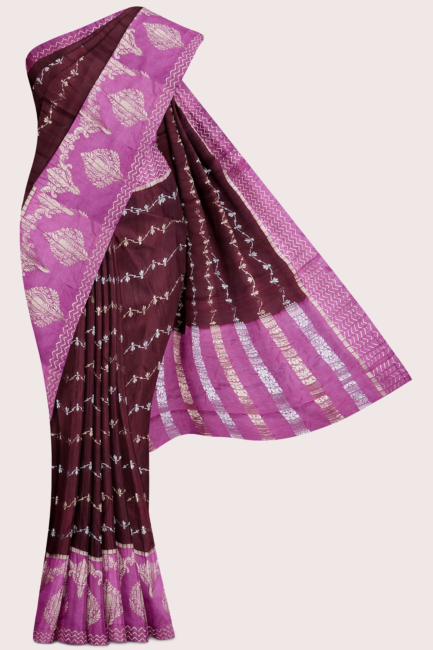 Soft Crushed Silk Silver And Gold Lines Maroon With Pink Saree