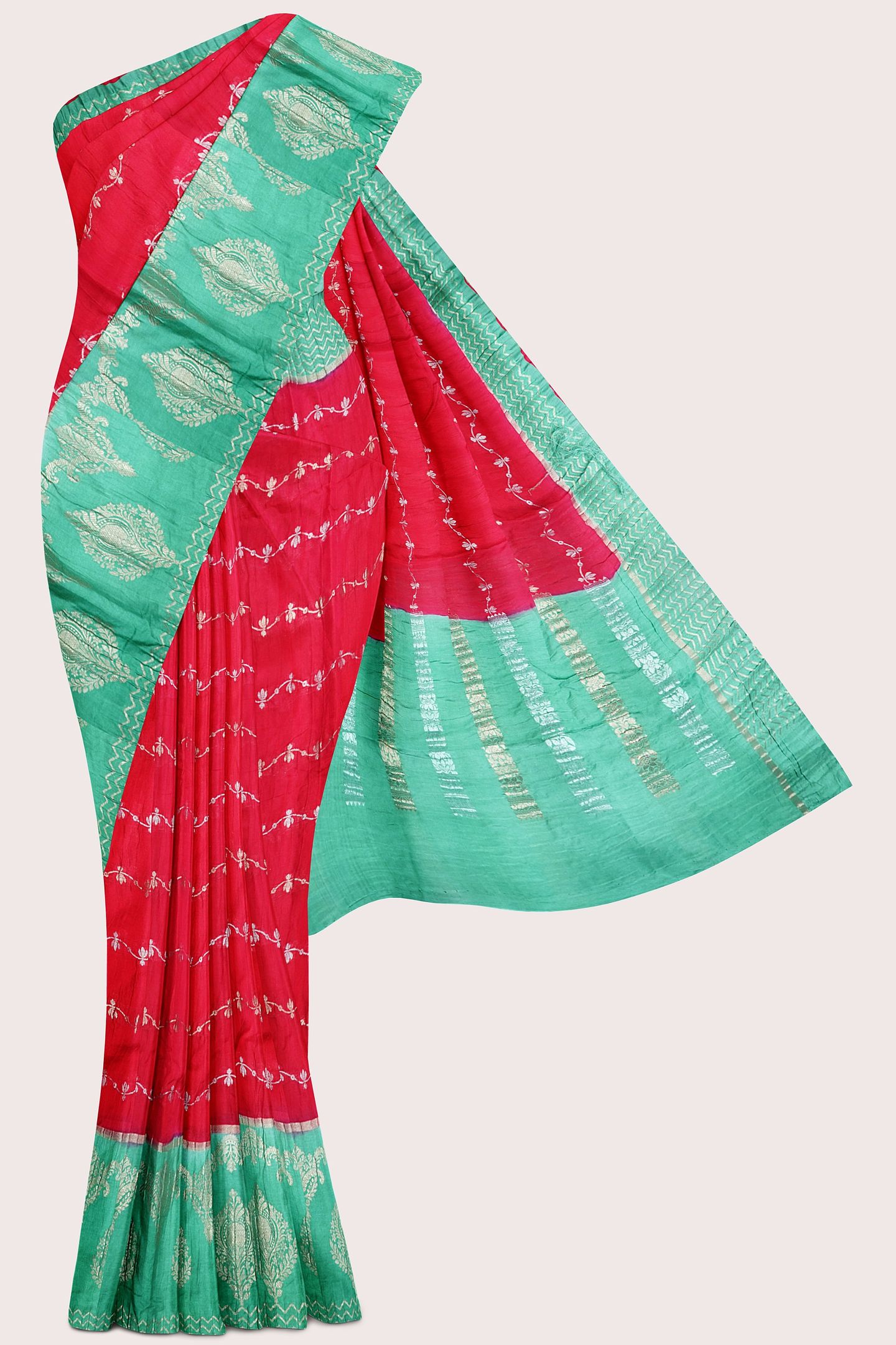 Soft Crushed Silk Silver And Gold Lines Pink With Green Saree