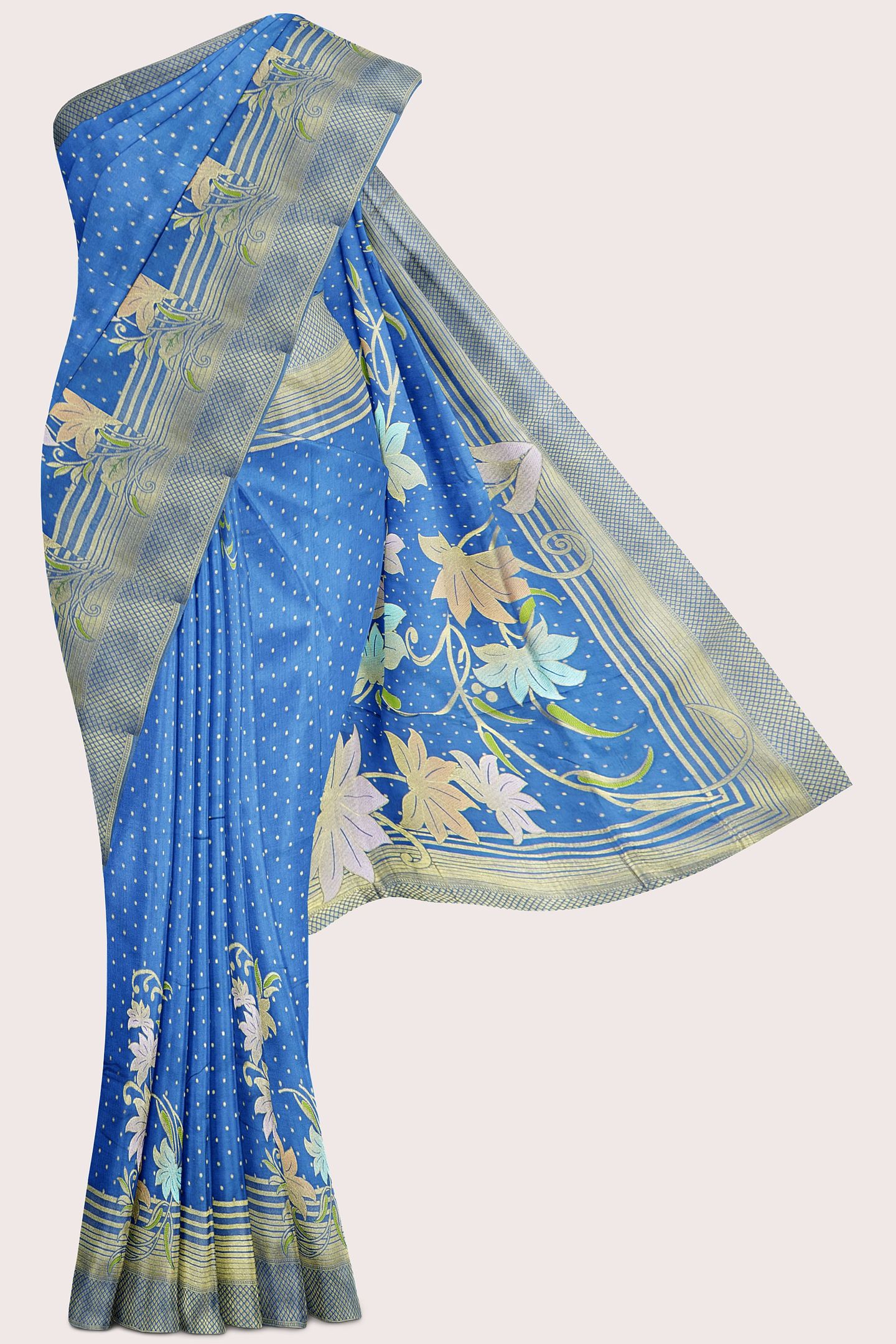 Varsha Georgette Polka Dots Flower Design Light Blue Saree