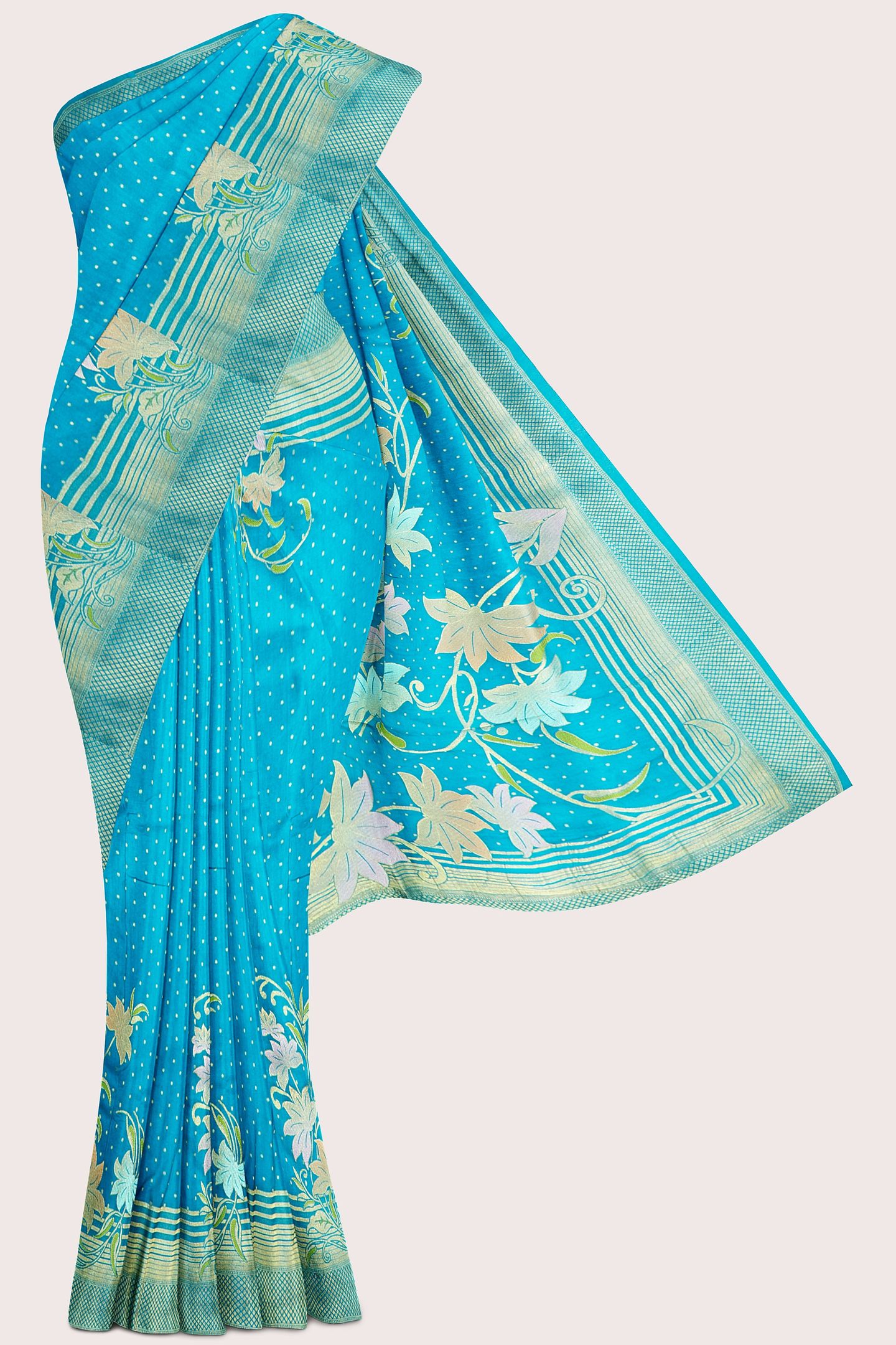 Varsha Georgette Polka Dots Flower Design Rama Green Saree
