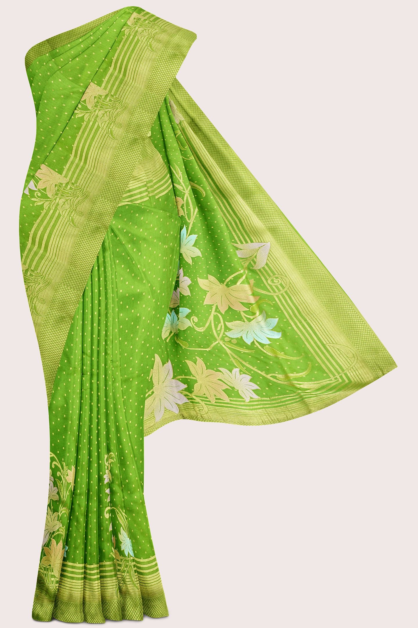 Varsha Georgette Polka Dots Flower Design Mehandi Green Saree