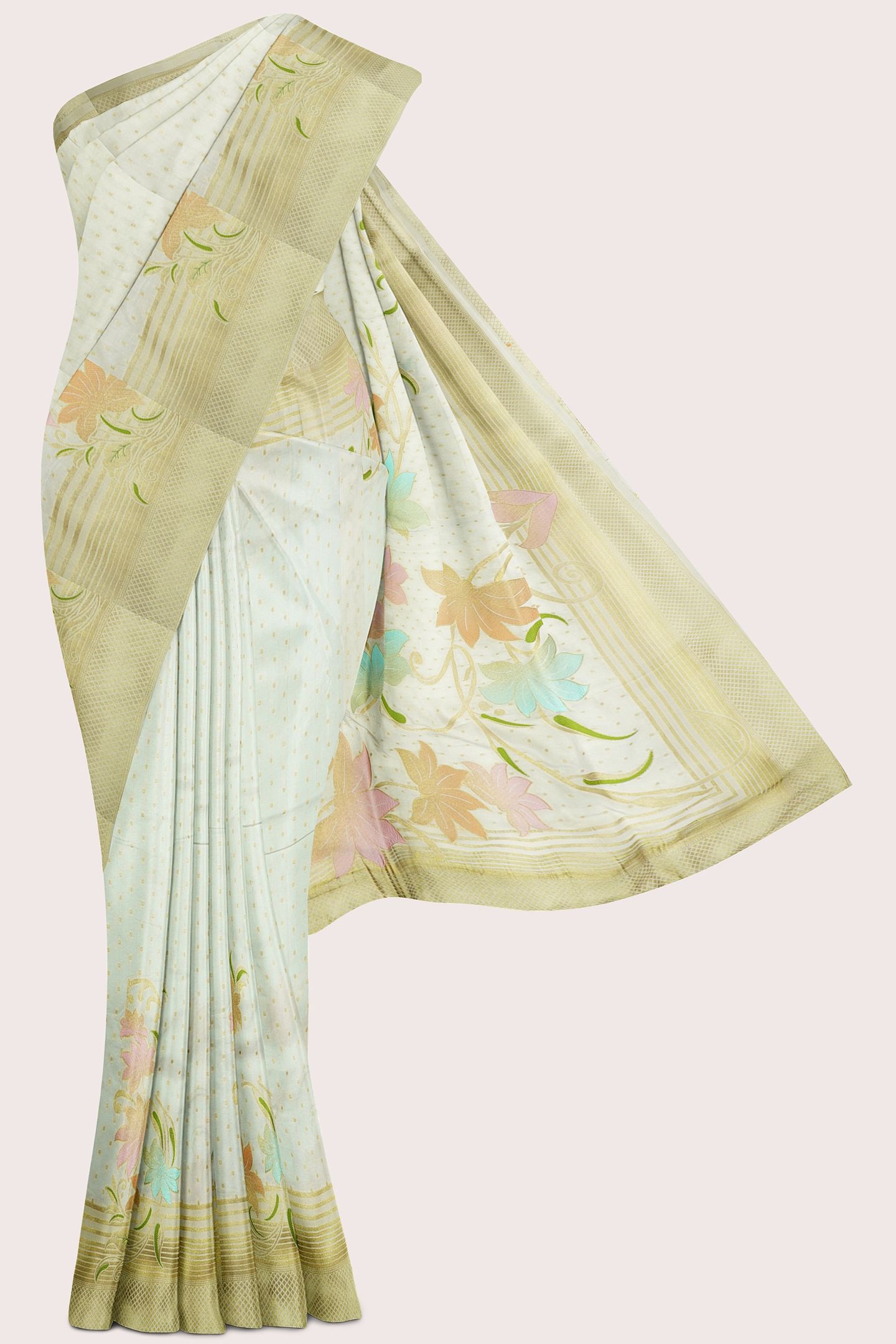 Varsha Georgette Polka Dots Flower Design Half White Saree