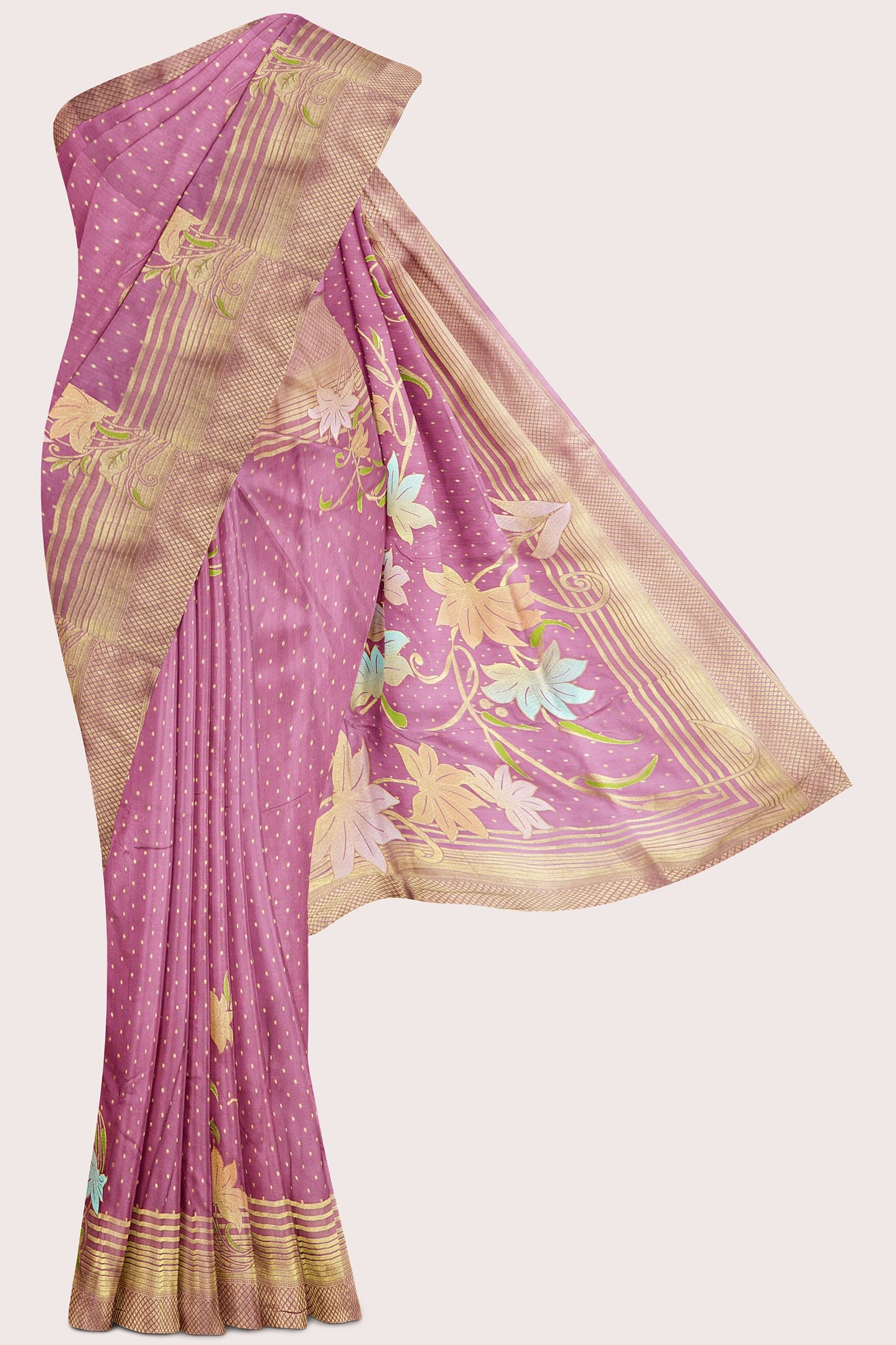 Varsha Georgette Polka Dots Flower Design Onion Pink Saree