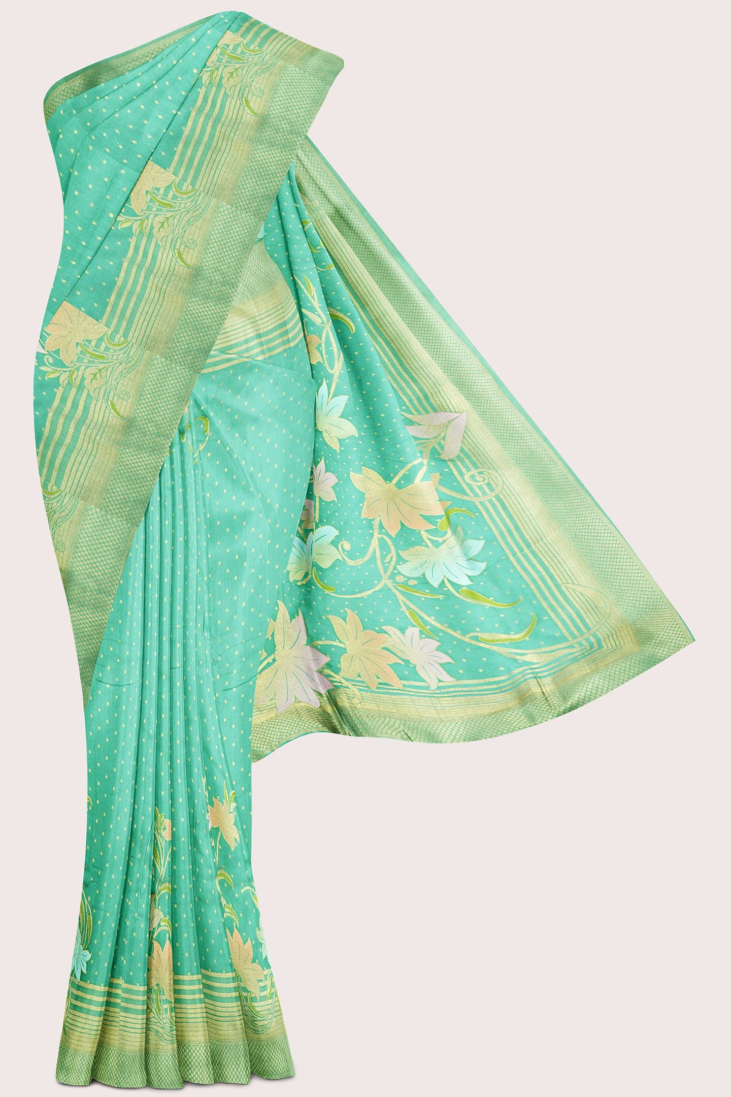 Varsha Georgette Polka Dots Flower Design Teal Green Saree