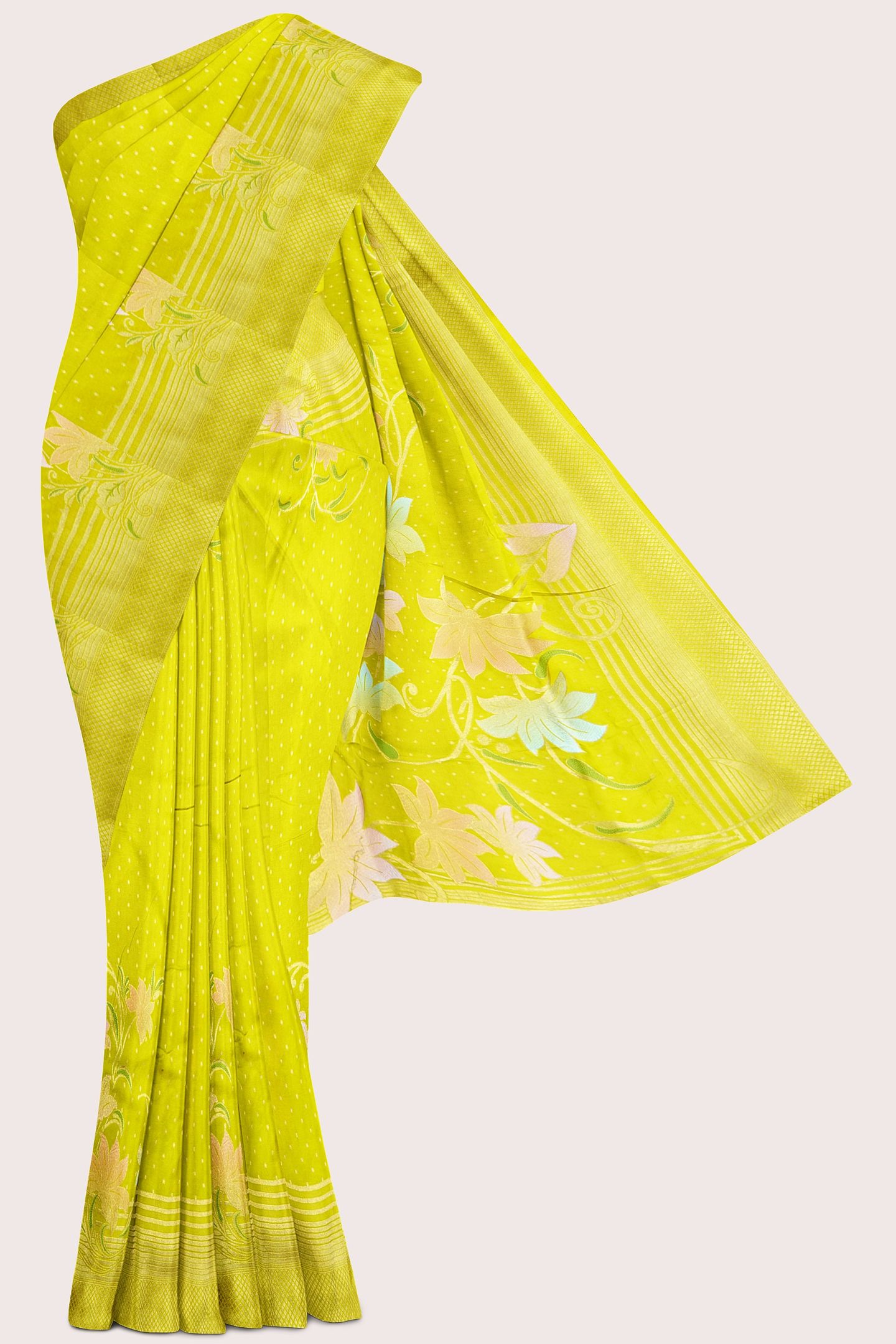 Varsha Georgette Polka Dots Flower Design Golden Yellow Saree