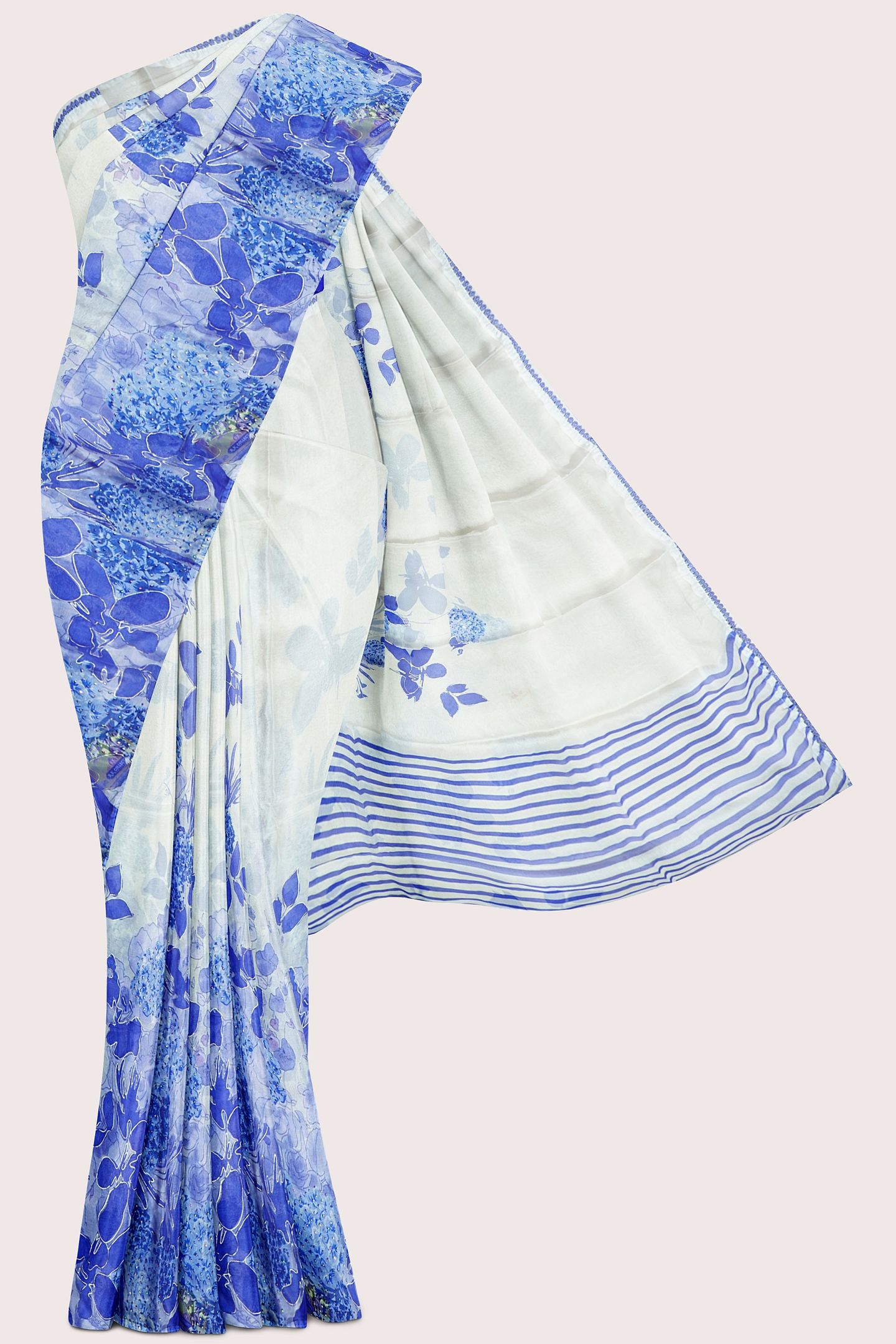 Chiffon Kundan Work Floral Print Cream With Royal Blue Saree