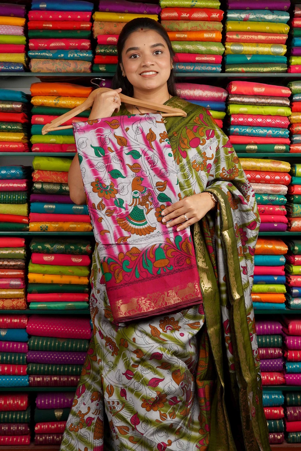 Soft Mangalagiri Shibori with Kalamkari Print Pink Saree