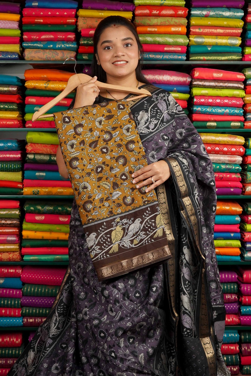 Semi Maheswari Silk Floral Print Yellow And Brown Saree