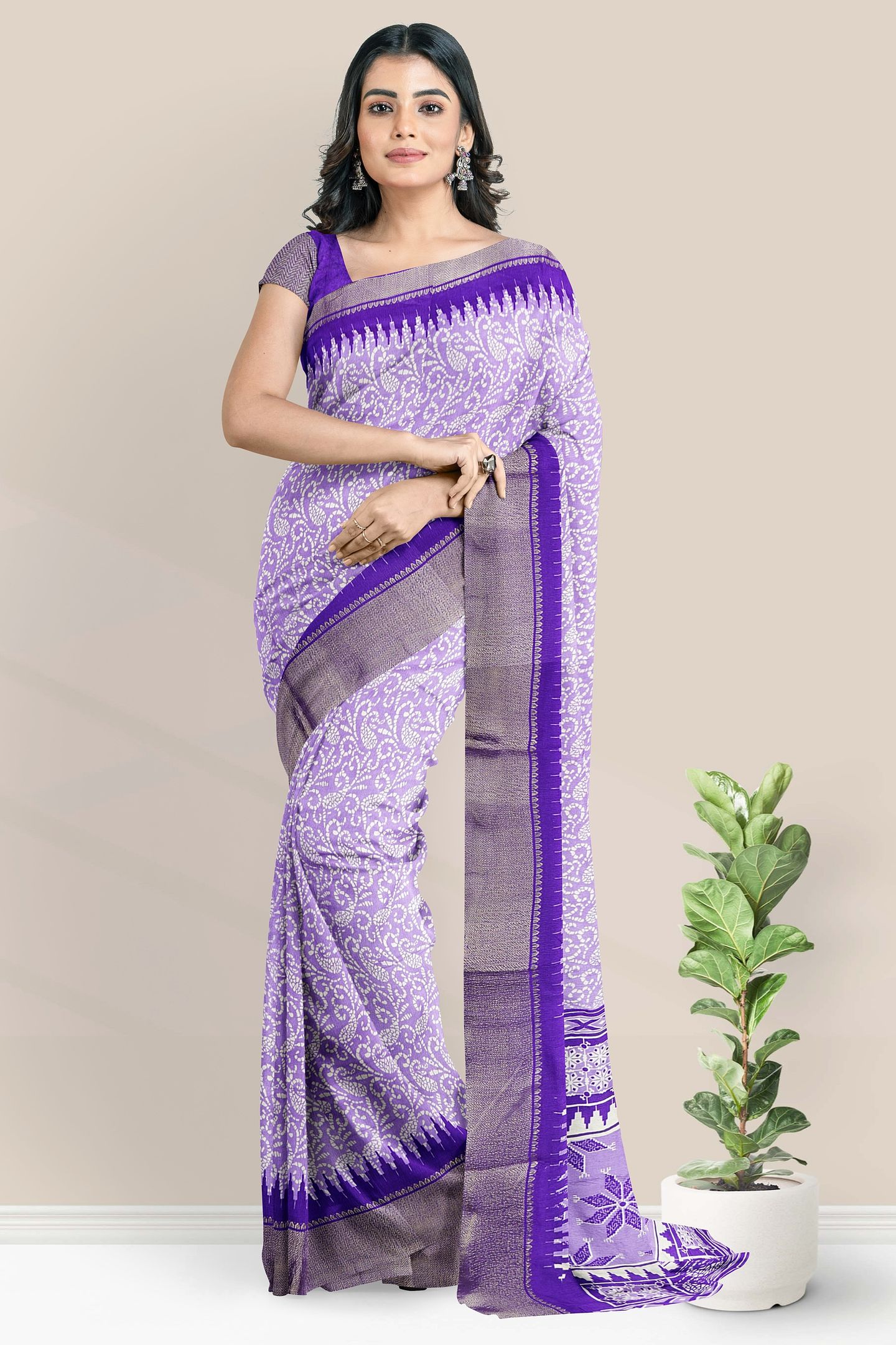 Mulmul Crushed Silk Bathik Print Lavender With Purple Saree