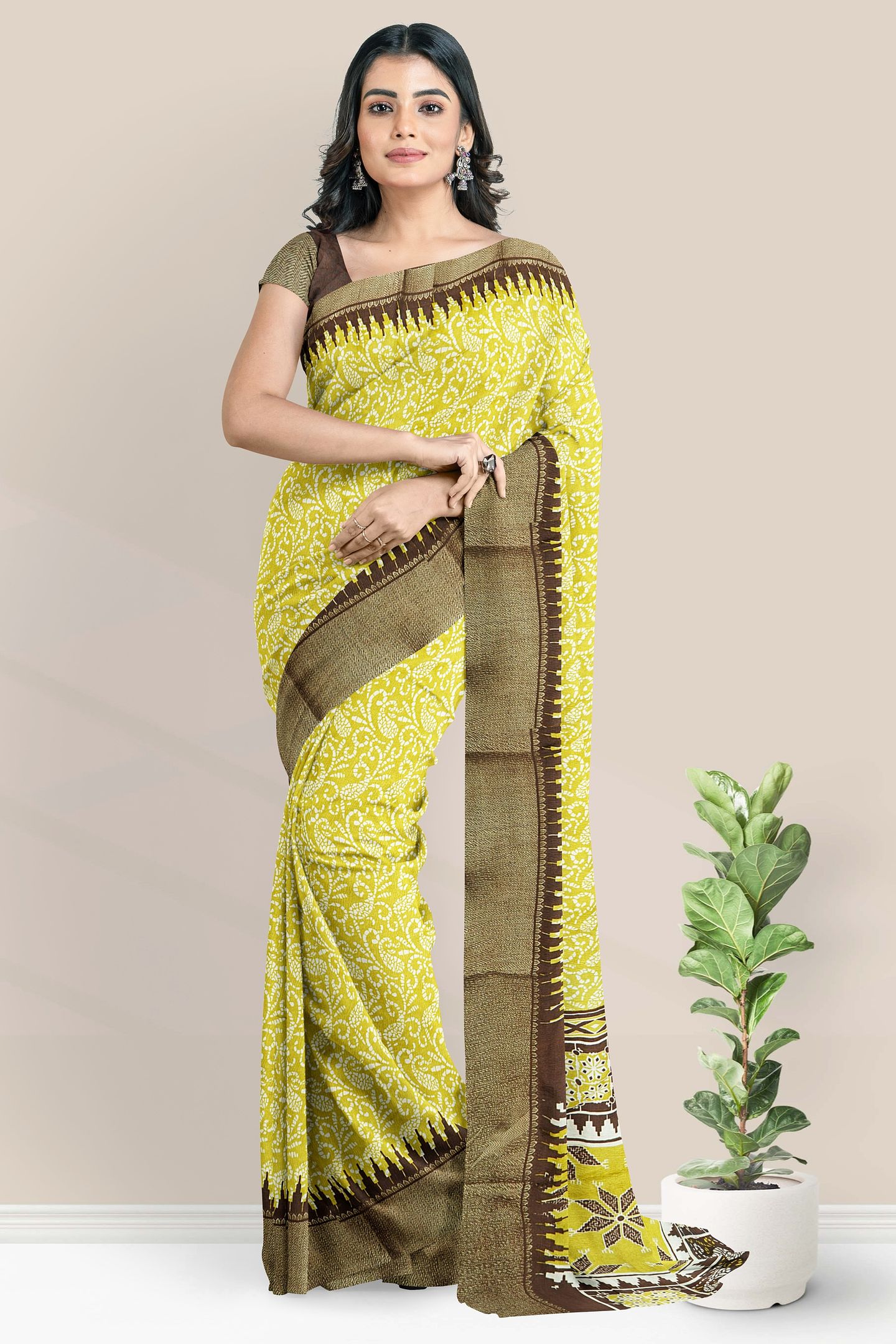 Mulmul Crushed Silk Bathik Print Yellow With Chocolate Brown Saree