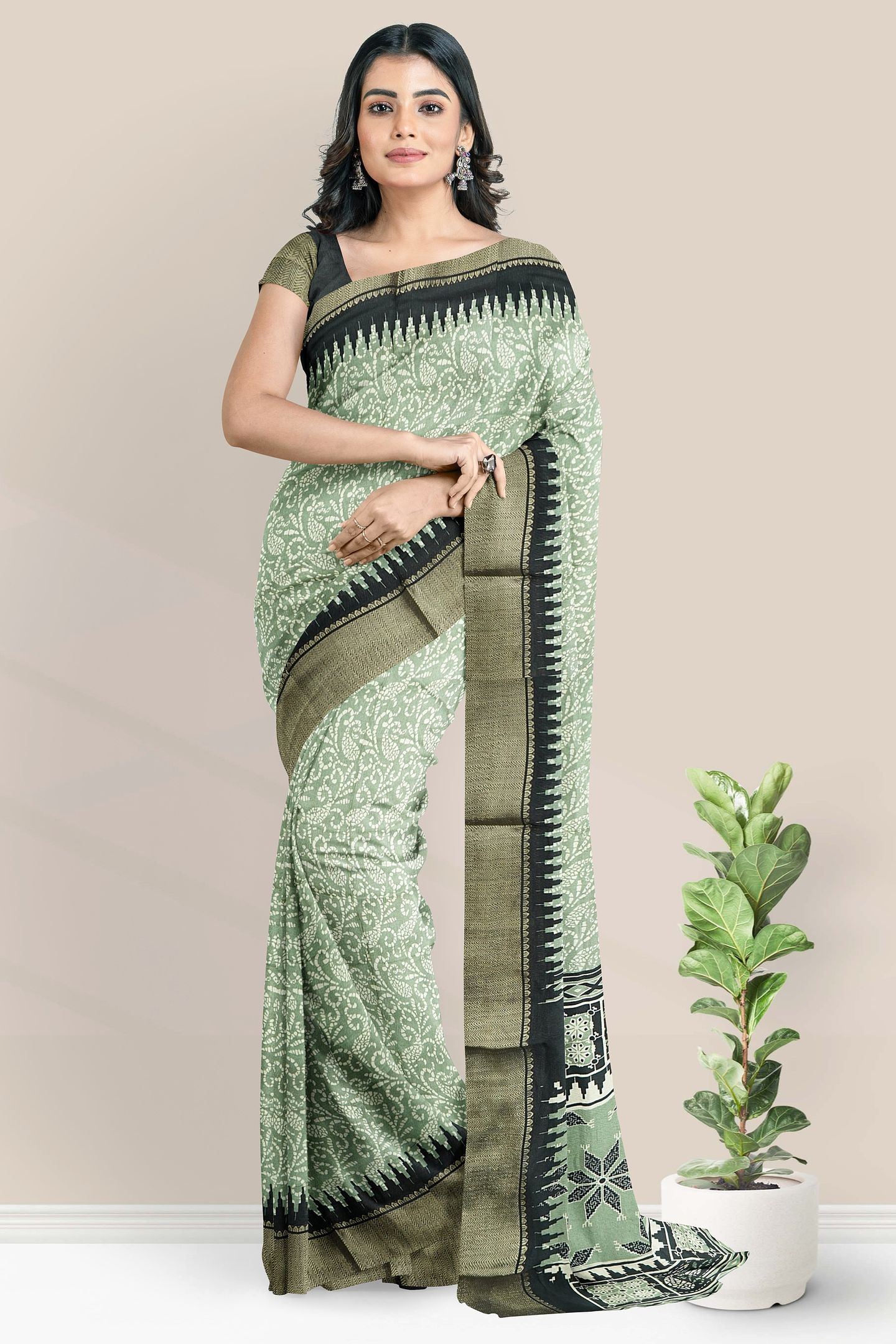 Mulmul Crushed Silk Bathik Print Teal Green With Black Saree