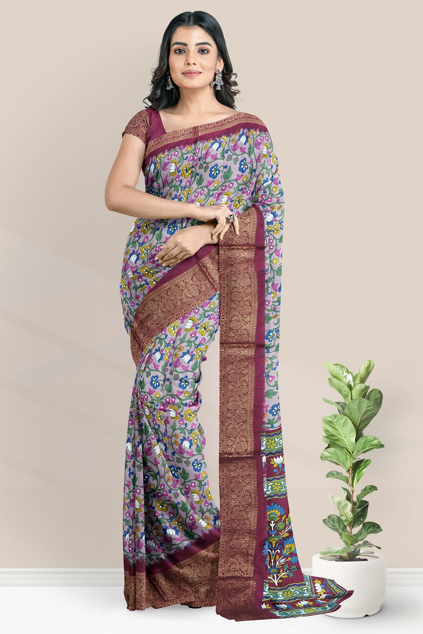 Mulmul Crushed Silk Floral Print Light Brinjal With Wine Saree
