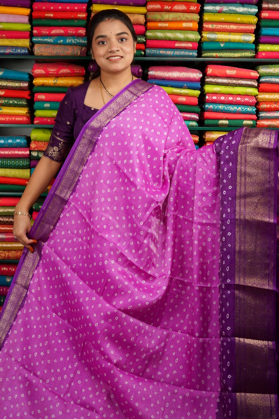 Soft Jute Silk Bandhini Print Light Pink And Purple Saree