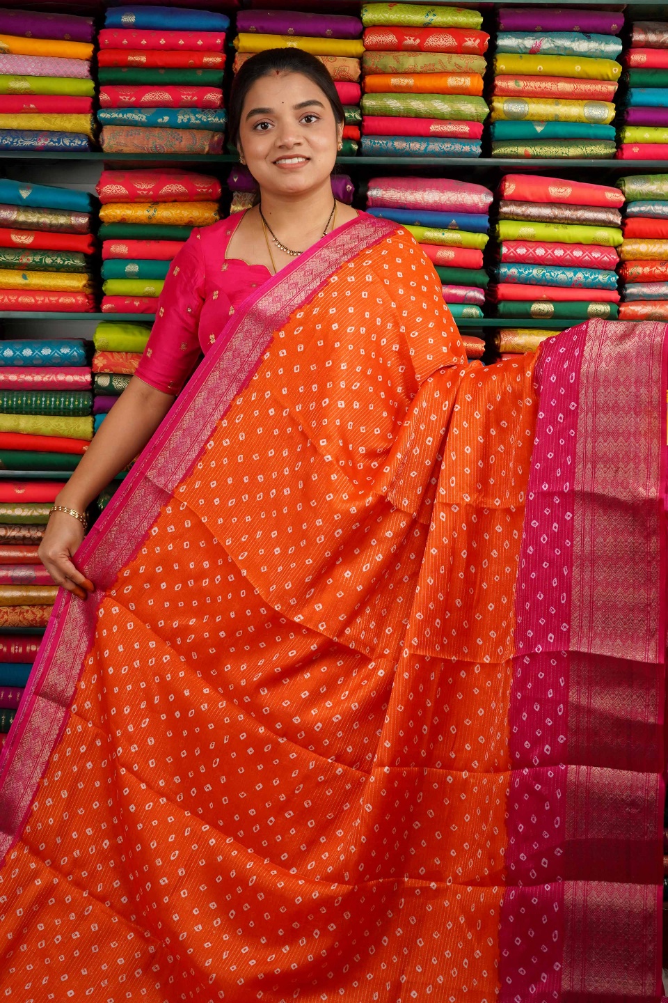 Soft Jute Silk Bandhini Print Orange And Pink Saree