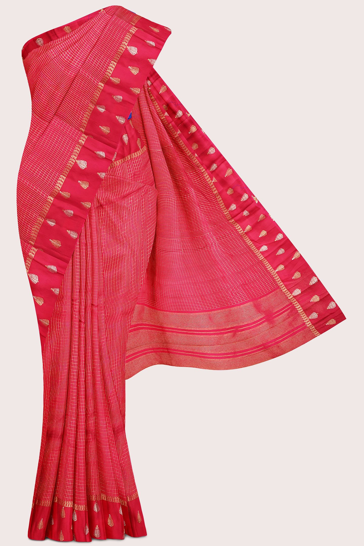 Gadi Georgette Satin Border Checks Design Pink With Navy Blue Saree