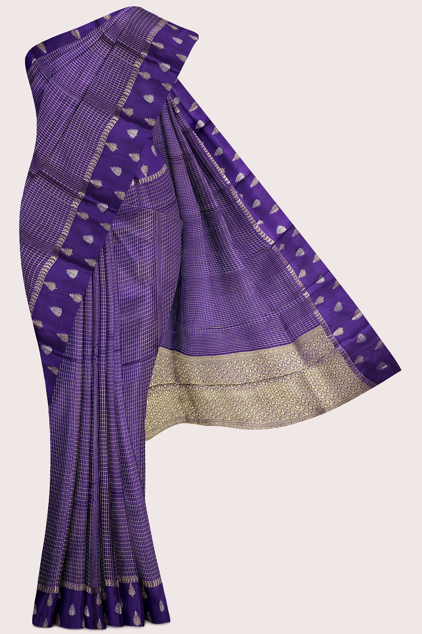Gadi Georgette Satin Border Checks Design Dark Purple Saree