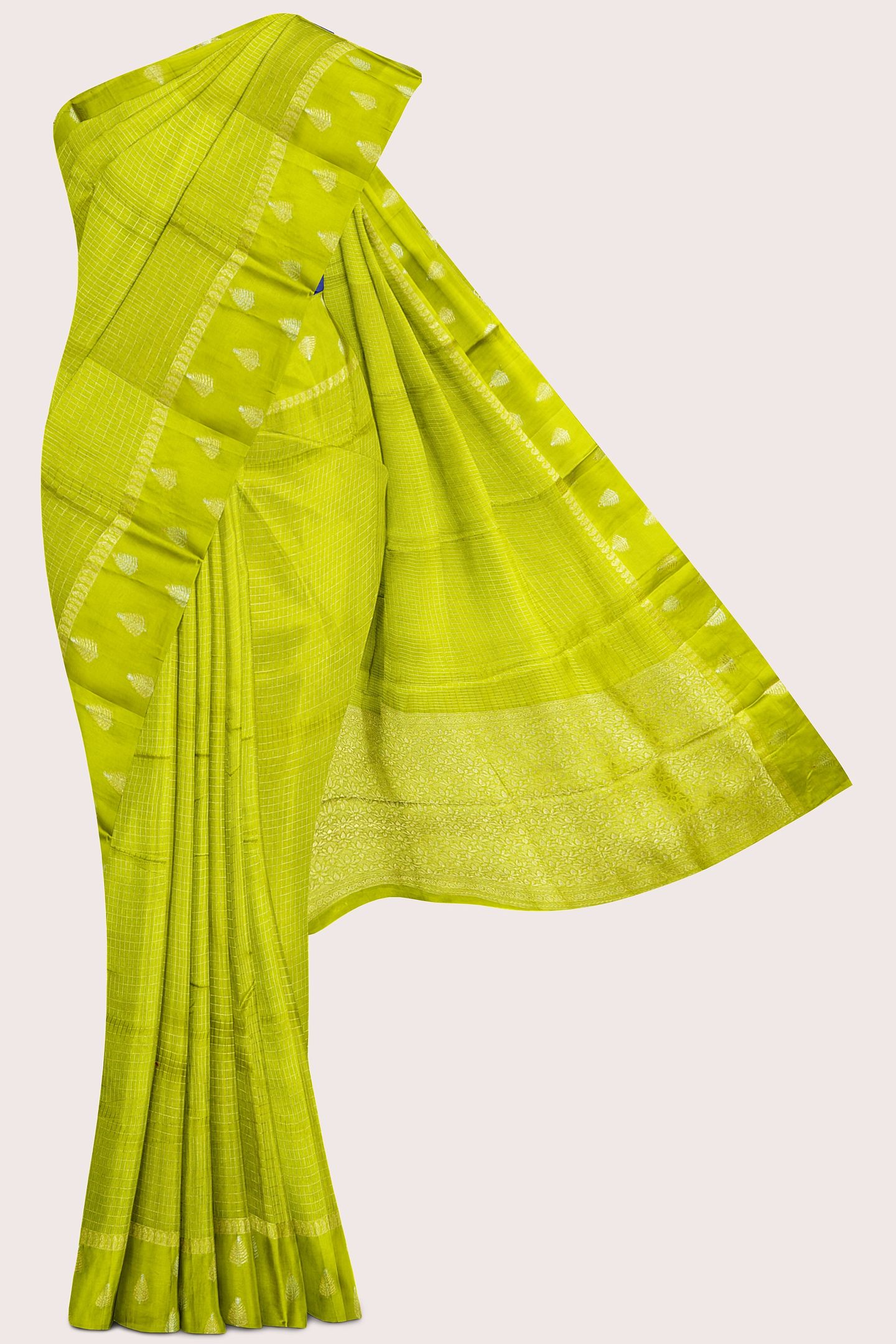 Gadi Georgette Satin Border Checks Design Pesara Green Saree