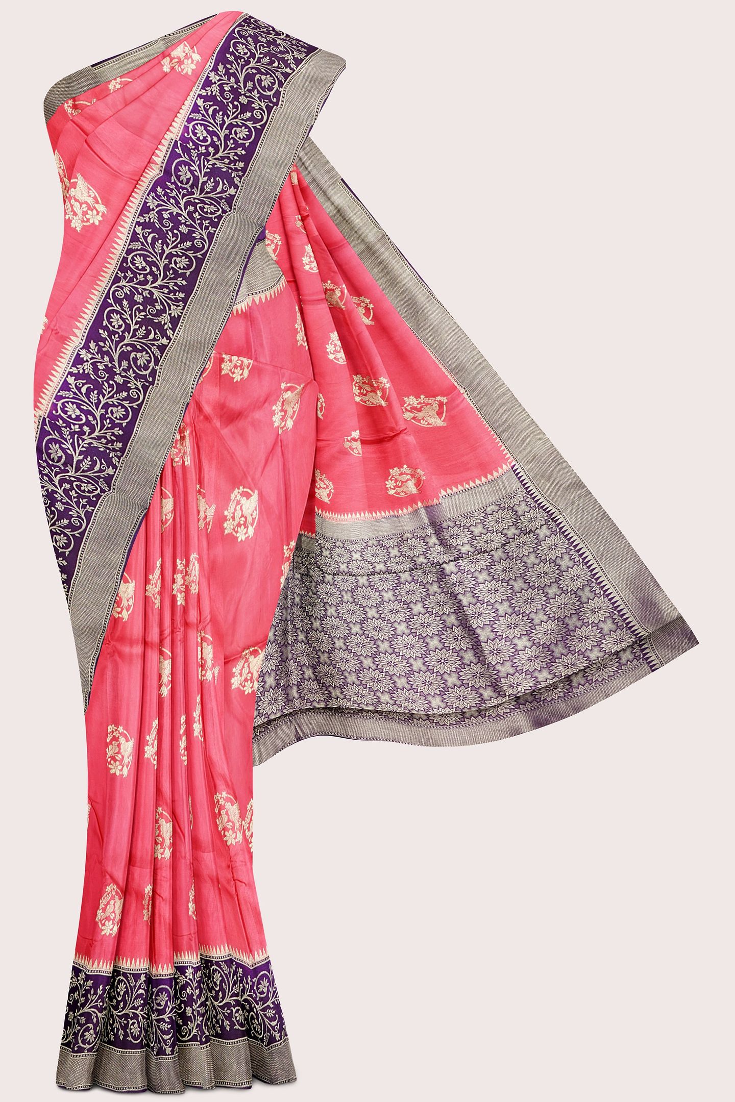 Kadhi Georgette Gold Zari And Butti Peach Pink With Purple Saree