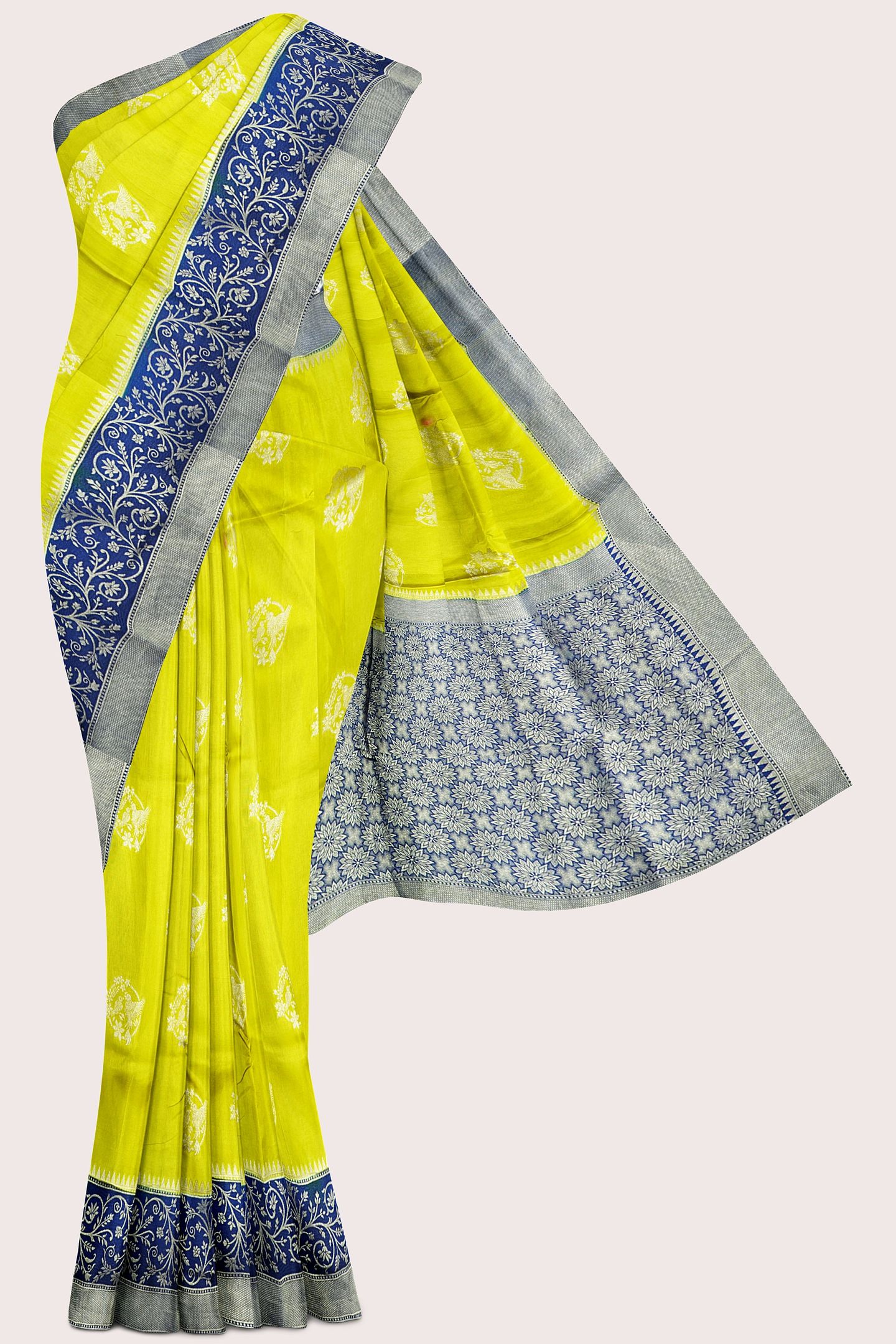 Kadhi Georgette Gold Zari And Butti Pesara Green With Blue Saree