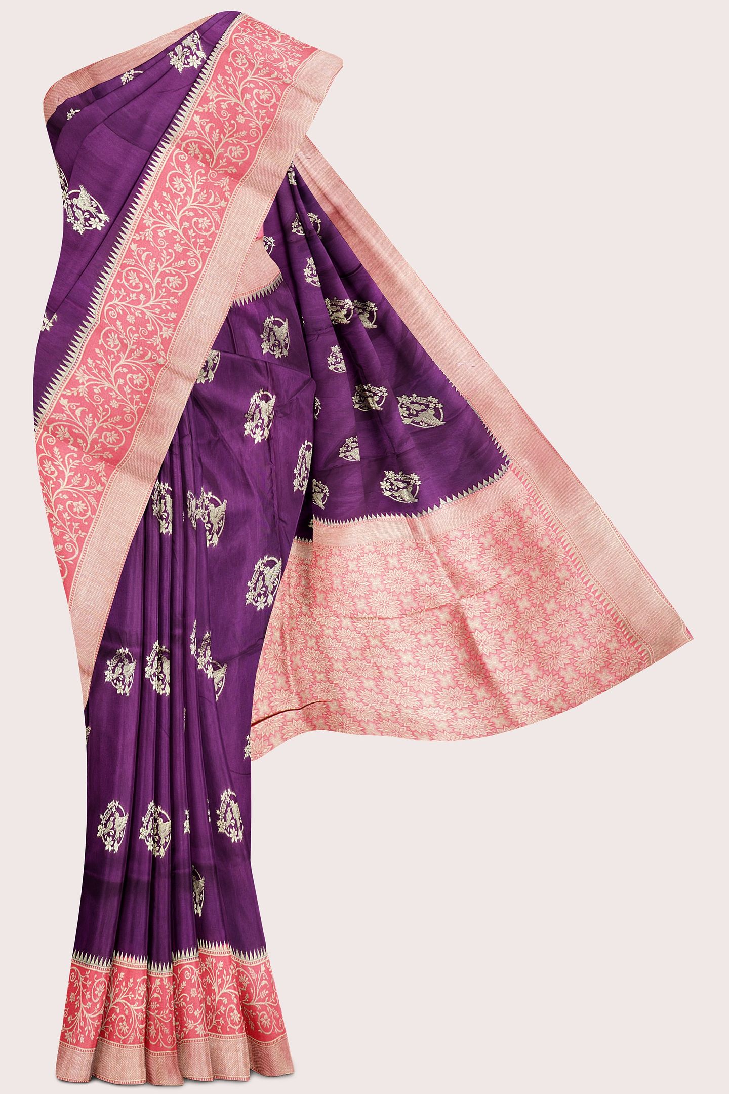 Kadhi Georgette Gold Zari And Butti Wine With Peach Pink Saree