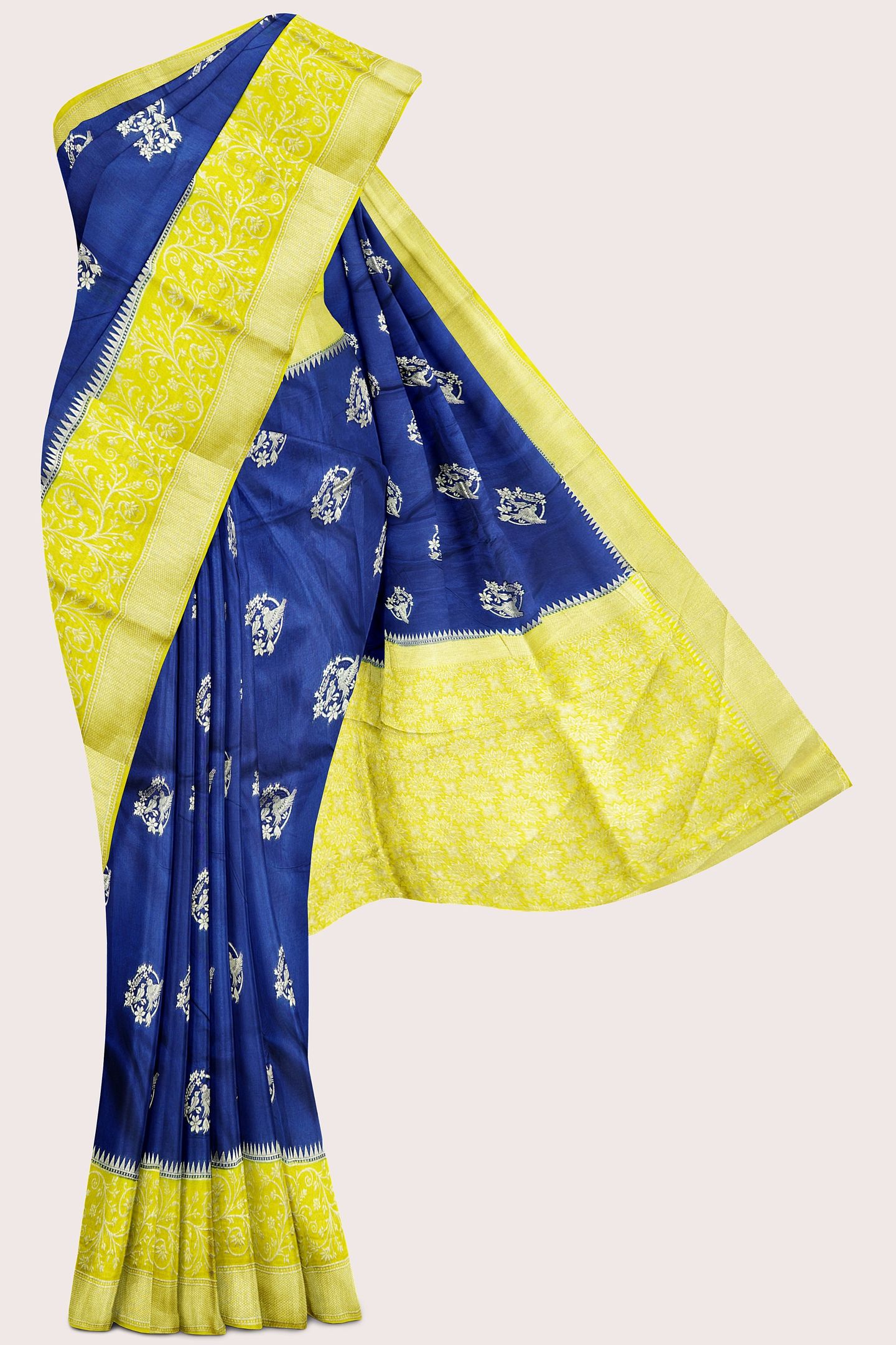 Kadhi Georgette Gold Zari And Butti Dark Blue With Lemon Yellow Saree