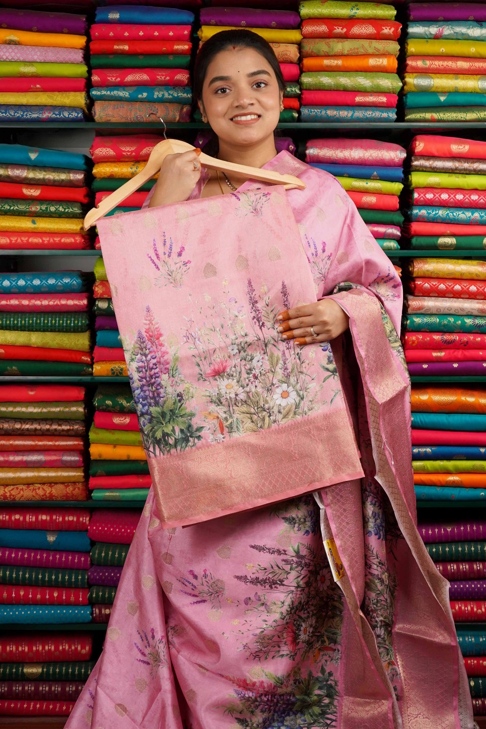 Semi Dola Silk Zari With Digital Print Peach Pink Saree