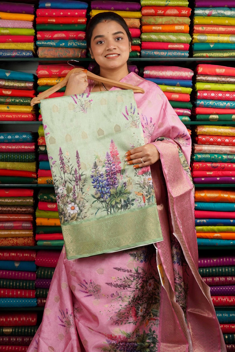 Semi Dola Silk Zari With Digital Print Light Green Saree