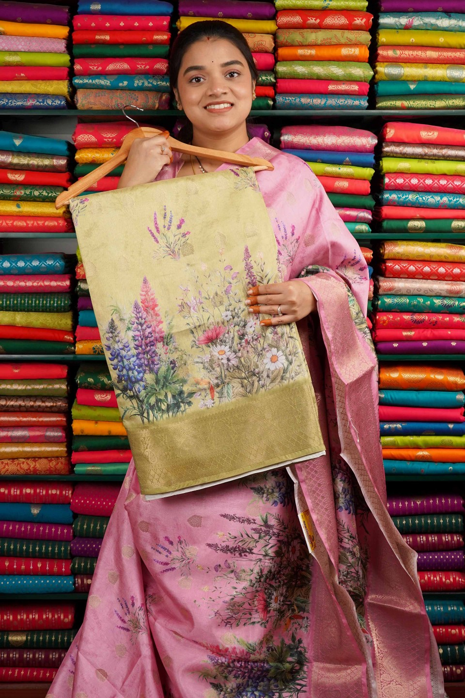 Semi Dola Silk Zari With Digital Print Greenish Yellow Saree