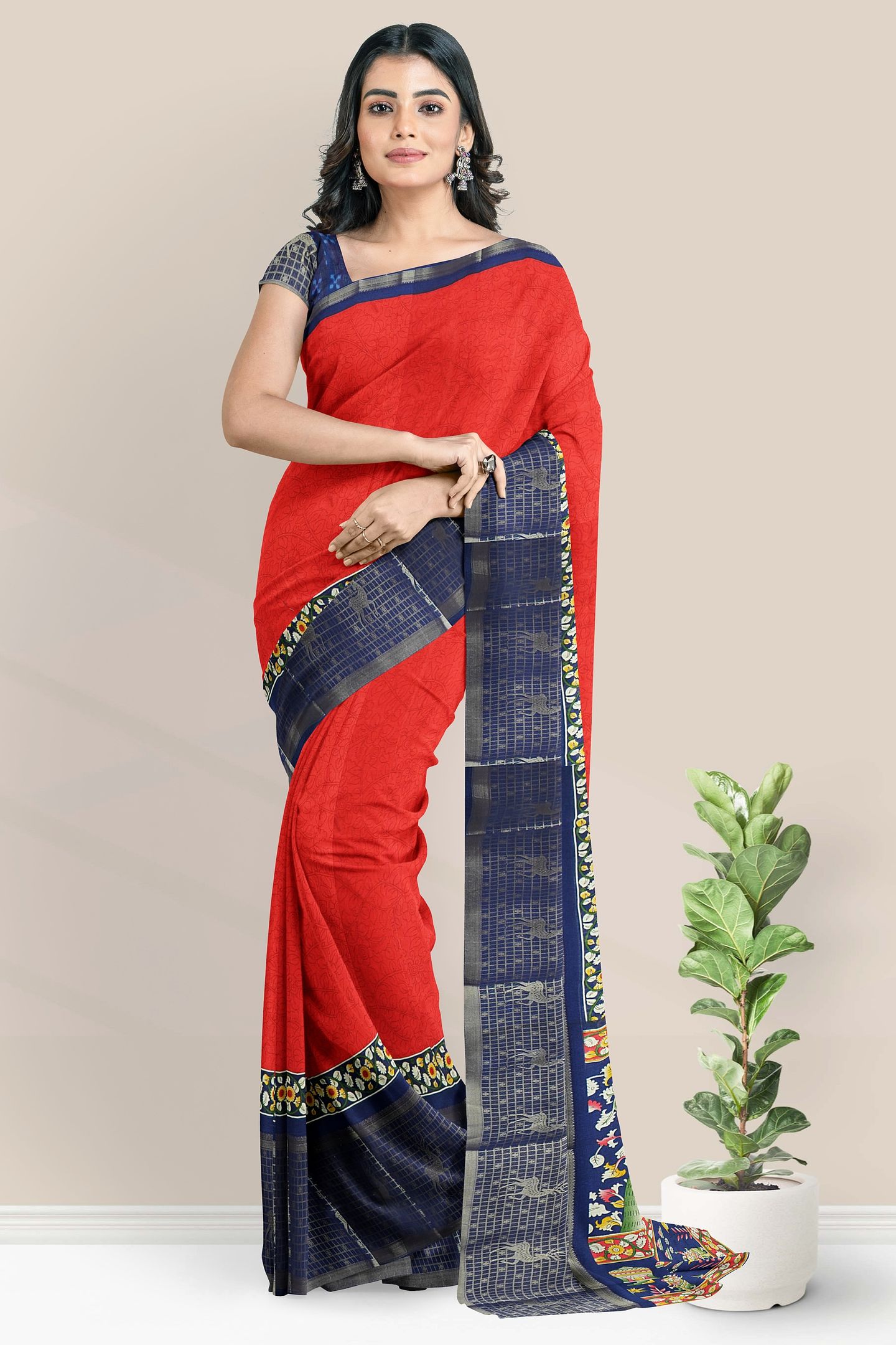 Georgette Pen Kalamkari Print Tomato Red With Navy Blue Saree