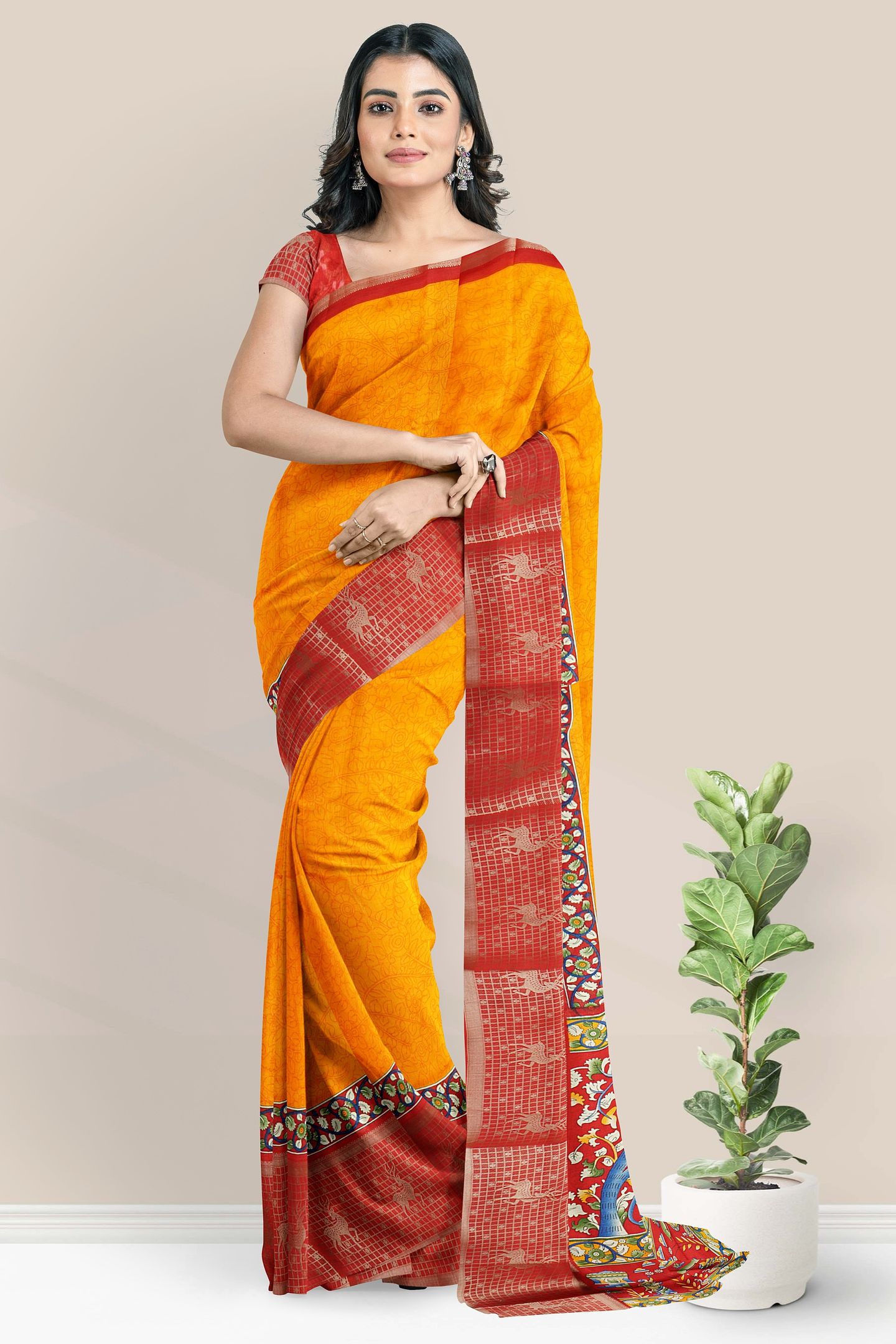 Georgette Pen Kalamkari Print Orange With Red Saree
